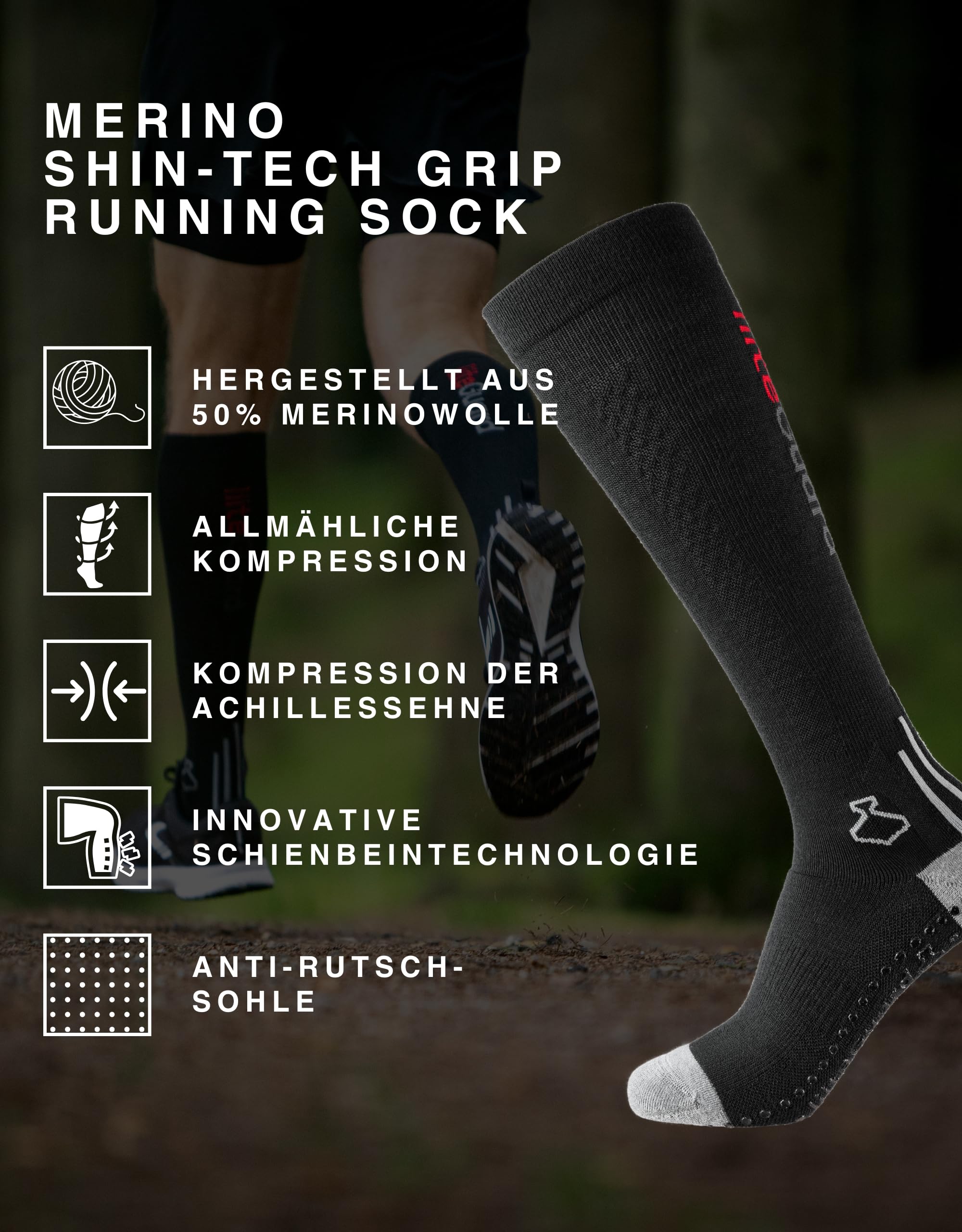 liiteGuard Merino Shin-Tech Grip Running Calze a compressione per uomo e donna, per sport corsa, calcio, calze a compressione, delicate per tendine d'Achille, stinco e caviglia