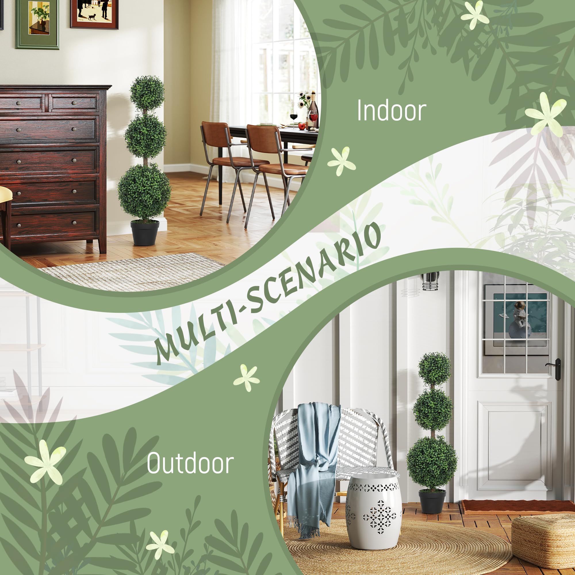 HOMCOM Lot de 2 Arbres artificiels décoratifs en Forme de Boule topiaire en Pot - Plantes artificielles pour la décoration intérieure et extérieure - 100 cm - 3 Boules d'arbre