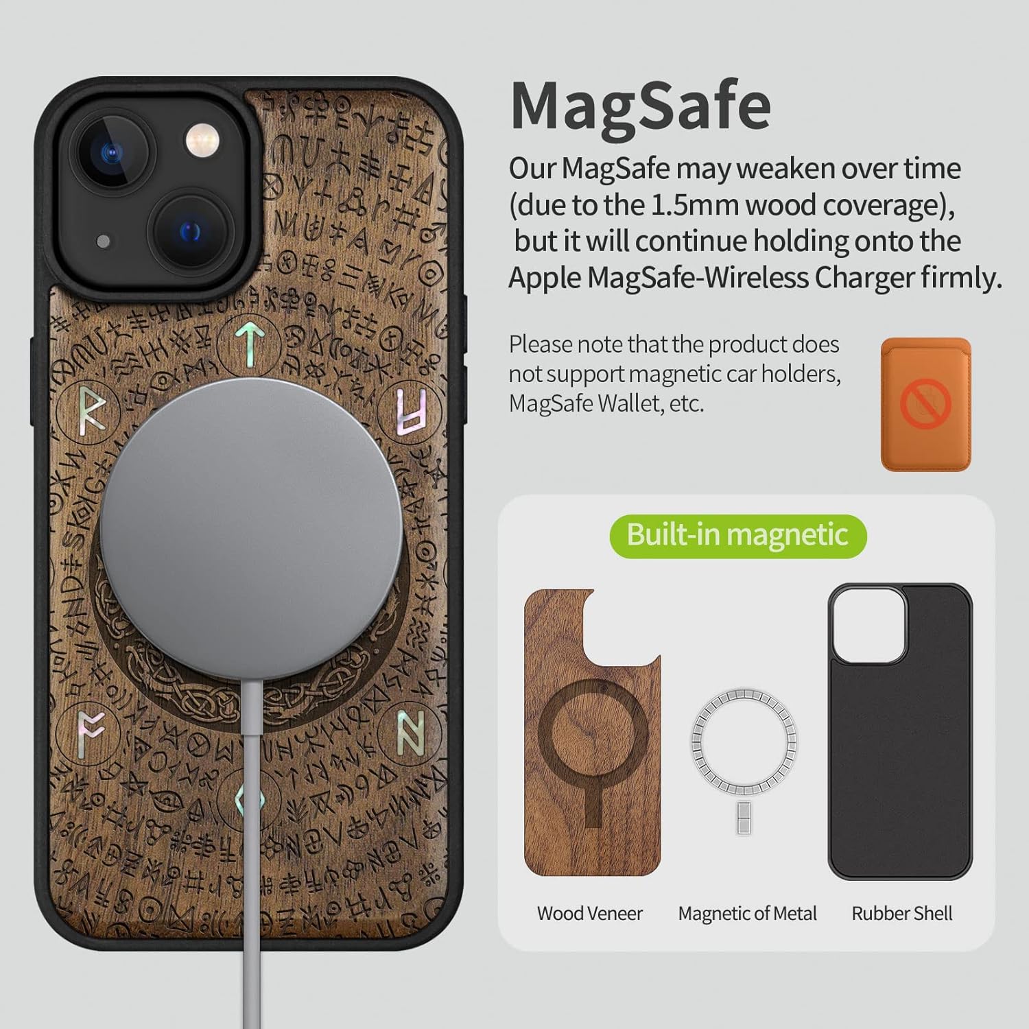 Carveit Designer Wooden Protective Magnetic Case for iPhone 14 Case [Wood Engraving & Shell Inlay] Unique Wood Phone Cover Compatible with iPhone 14 MagSafe 6.1 Inch (Viking-Walnut)