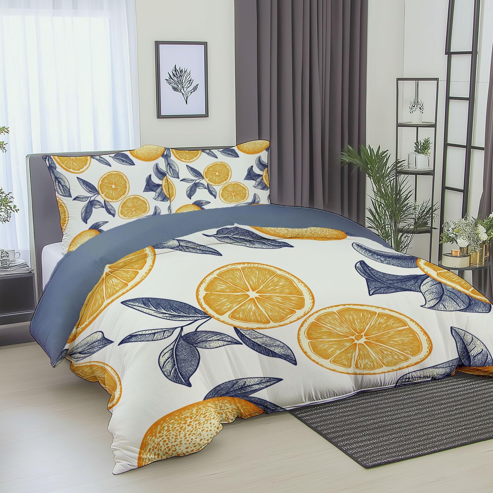 Poszwa na kołdrę 240x260 cm z mikrofibry, zestaw pościeli z pomarańczowymi liśćmi roślinnymi z 2 poszewkami na poduszki w kolorze szarym z nadrukiem Dwustronna poszwa na kołdrę na 4 pory roku