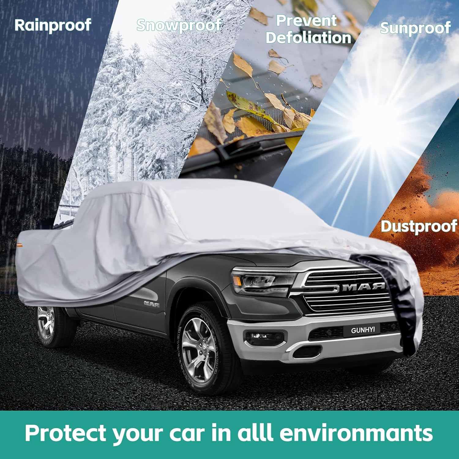 GUNHYI Pickup Truck Cover Waterproof All Weather, 6 Layer Full Size Cover Universal Fit Chevy S10/C10, Ford F100, RAM 1500, Silverado 1500, Tacoma Regular Cab Single Cab (Truck, up to 210 inch)
