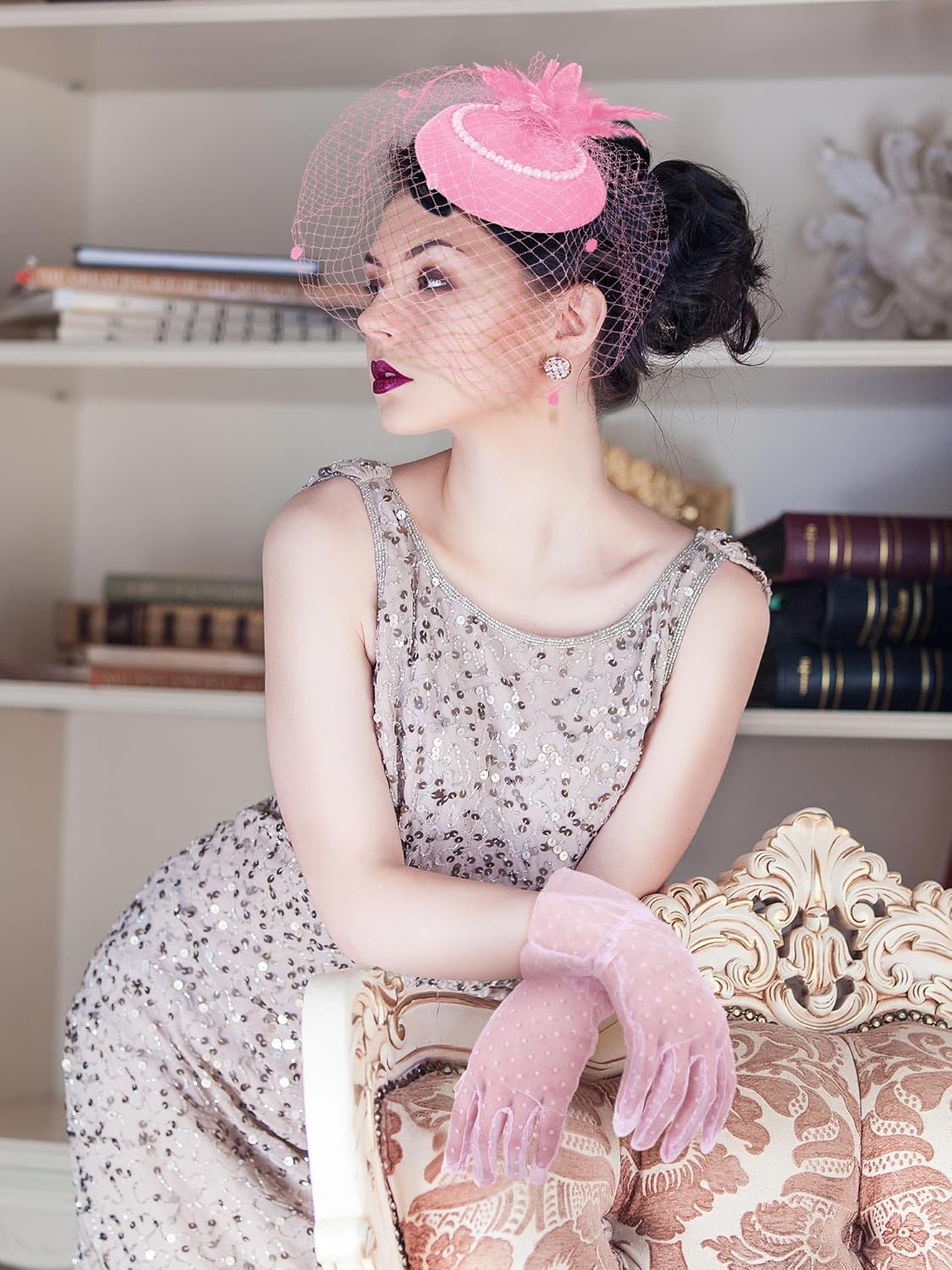 Geyoga 20s 50s Tea Party Hat Clip and Gloves Set Fascinator Hat for Women Funeral Pillbox Cocktail Clip with Veil - Image 4