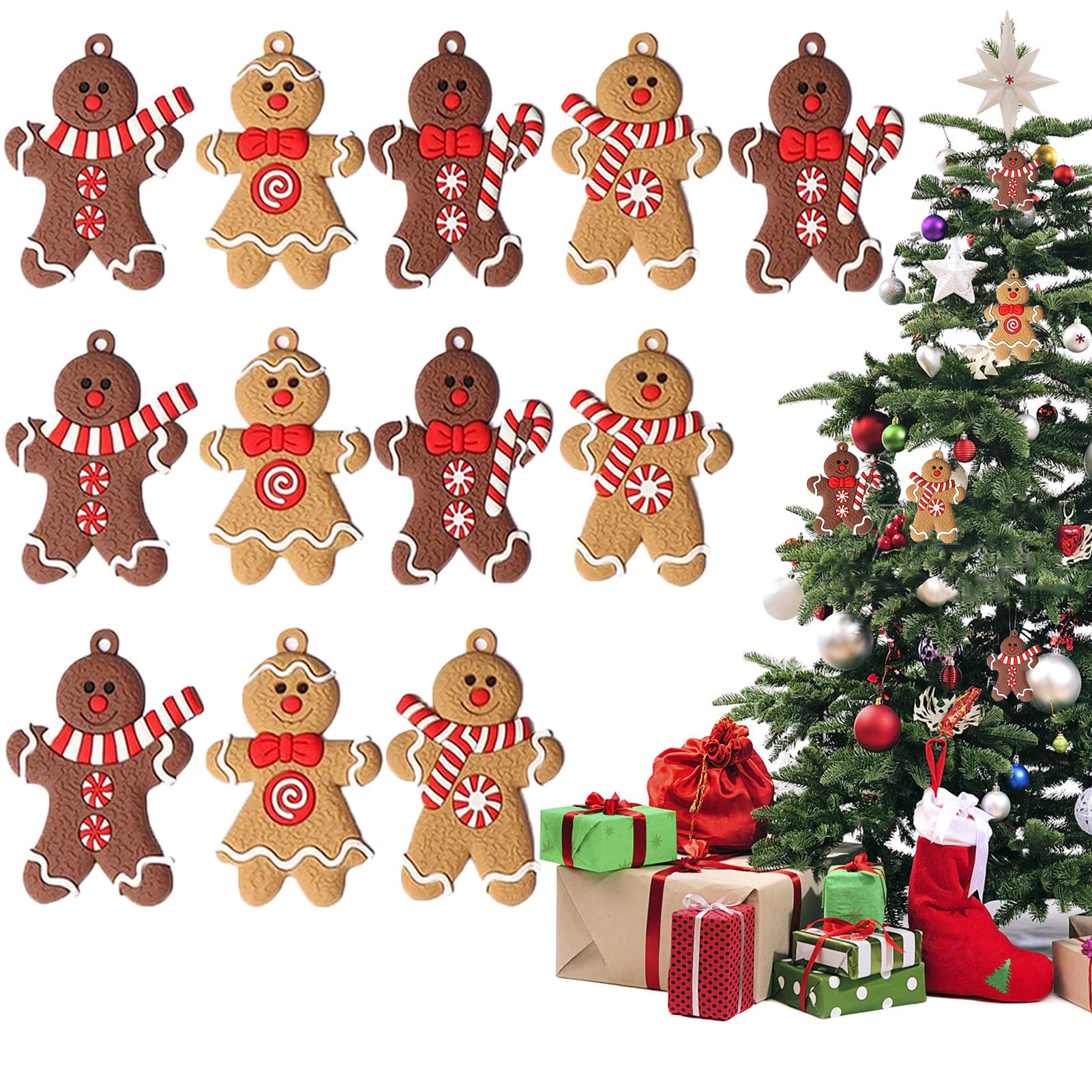 12pcs Gingerbread Man Ornaments for Christmas Tree Assorted Plastic Gingerbread (Candy Gingerbread)