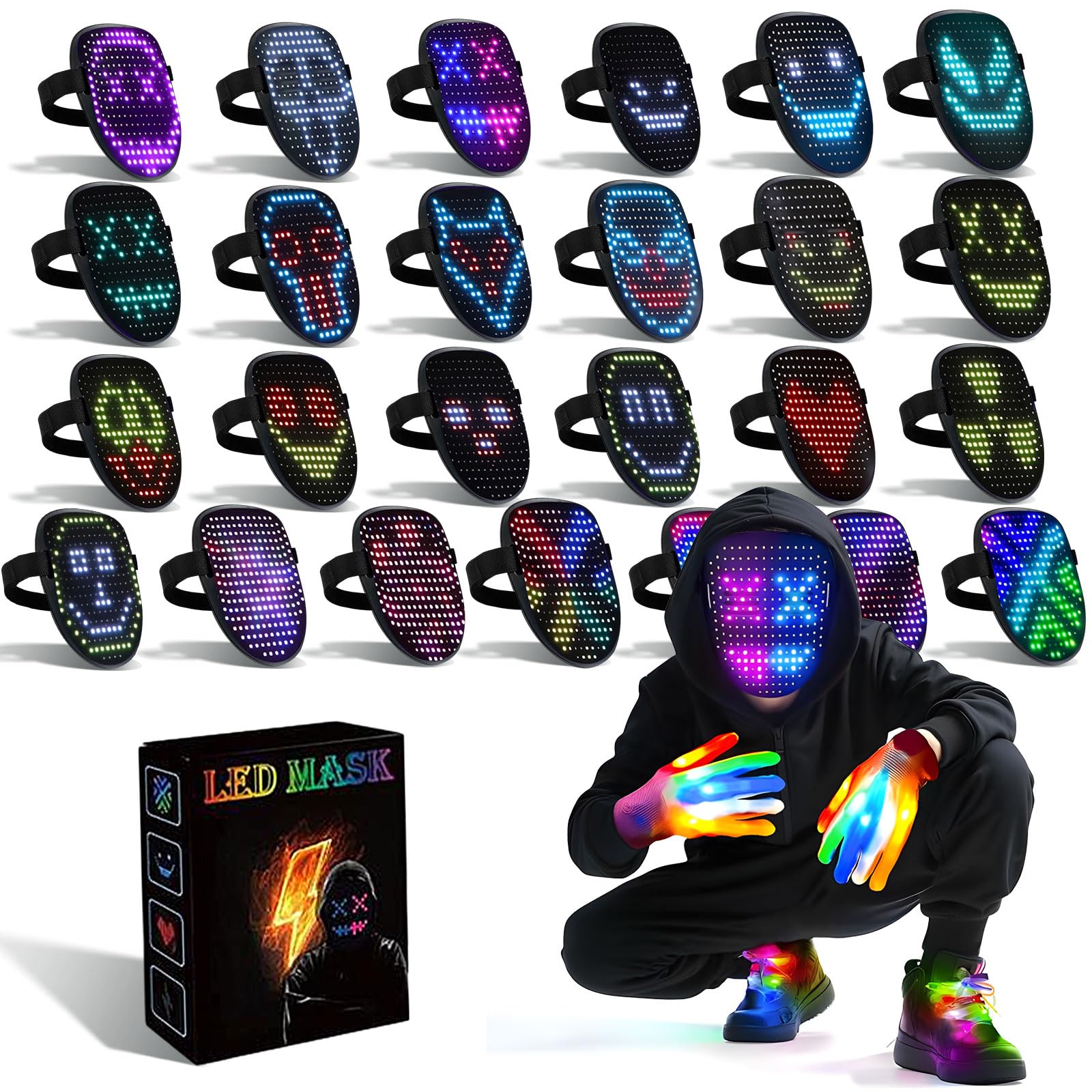 Aedcbaide Led Halloween Mask 3 Set, Light Up Mask With 50 Presets Pattern, Led Face Mask with Gesture Sensing, Halloween Mask, Light Up Scary Mask for Halloween, Cosplay, Party, Masquerade Gifts