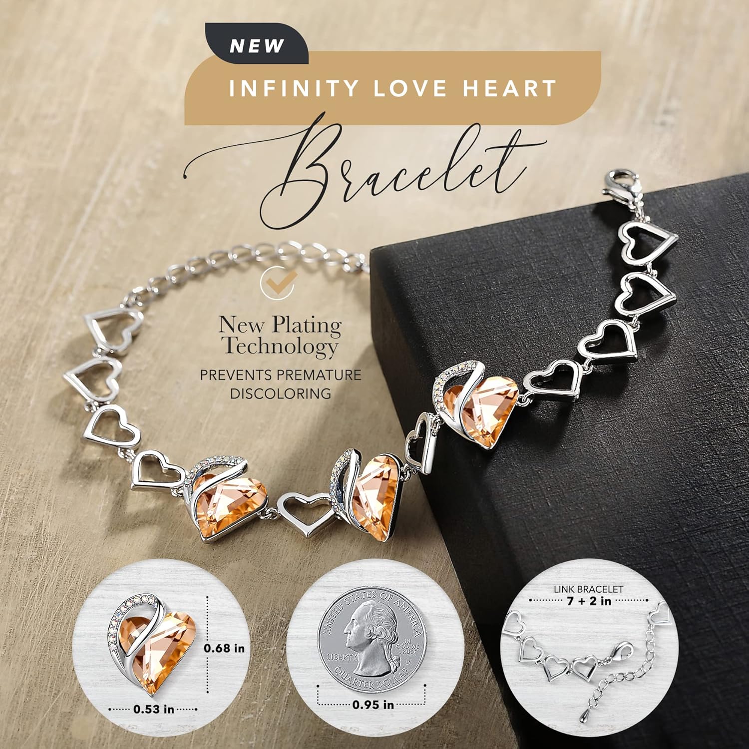 Leafael Infinity Love Heart Link Bracelets, Birthstone or Healing Stone Crystal Bracelet for Women, Silver Tone Jewelry Gifts for Her, 7-inch Chain and 2-inch Extender - Image 2