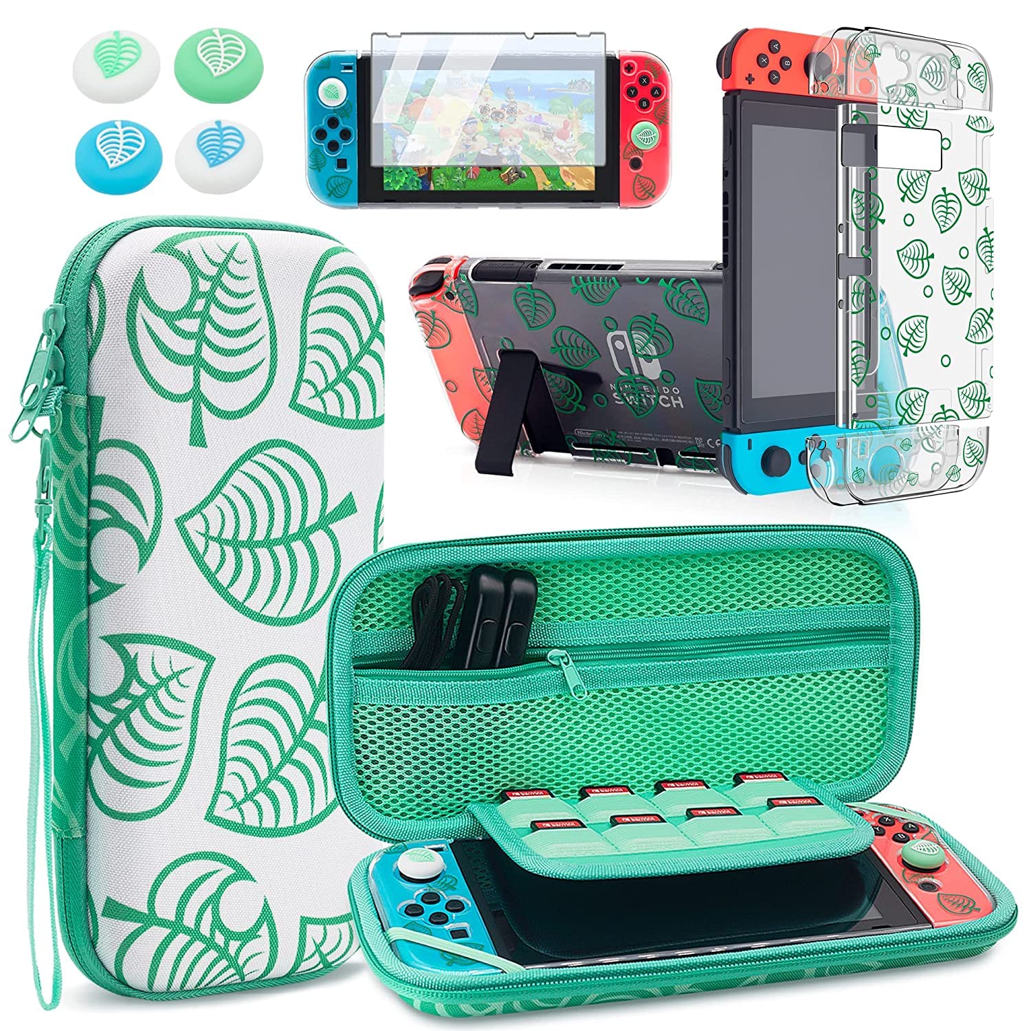 BRHE Carrying Case for Nintendo Switch Accessories Bundle for Animal Crossing Green Leaf Protective Storage Bag with Dockable Clear Cover Crystal Shell, Adjustable Stand, Screen Protector, Cute Thumb Grips (green)