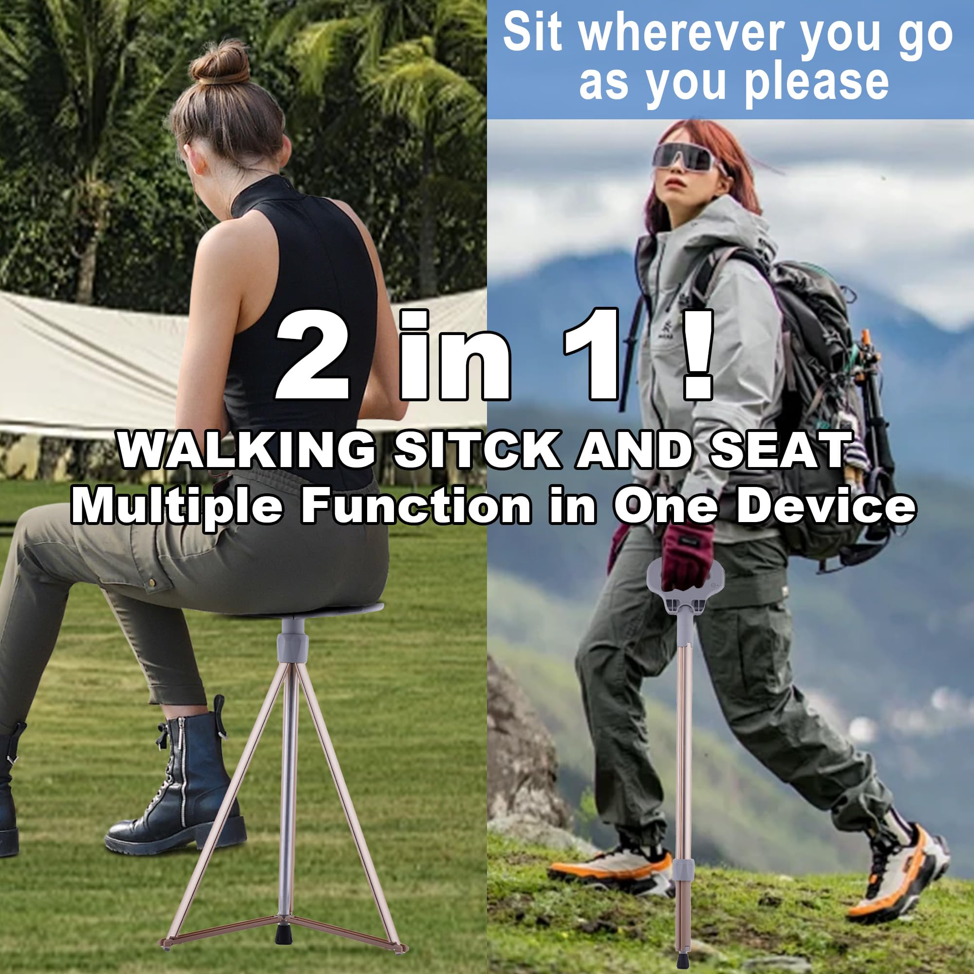 Sedia a canna portatile a pogging pieghevole, bastoncino a piedi leggero con sedile, bastone robusto del treppiede per uomini e donne con sacchetto da viaggio, canna da passeggio con sedile
