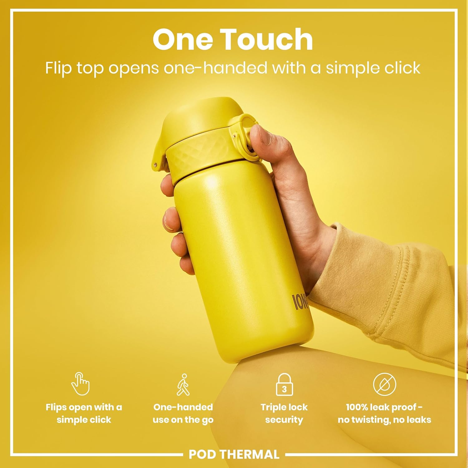 ION8 Insulated Steel Water Bottle, 320 ml/11 oz, Leak Proof, Easy to Open, Secure Lock, Dishwasher Safe, Carry Handle, Hygienic Flip Cover, Scratch Resistant, Durable Stainless Steel, Yellow