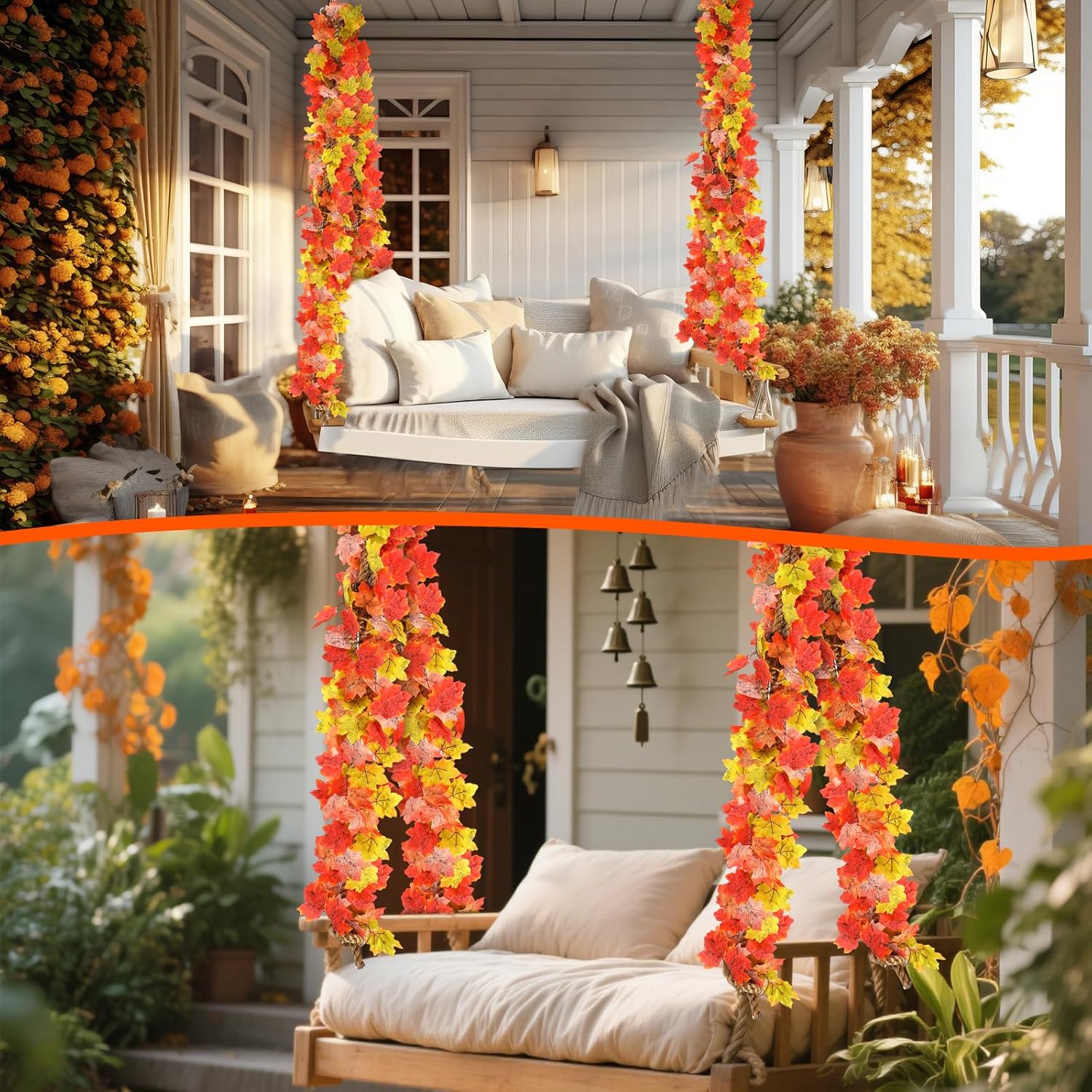 4 Pack Porch Swing Bed Rope Hanging Kit with Fall Maple Leaf Garland Decoration, 800 lbs Adjustable Heavy Duty daybed Swing Rope Straps for Porch Thanksgiving Garden Playground,10ft Length