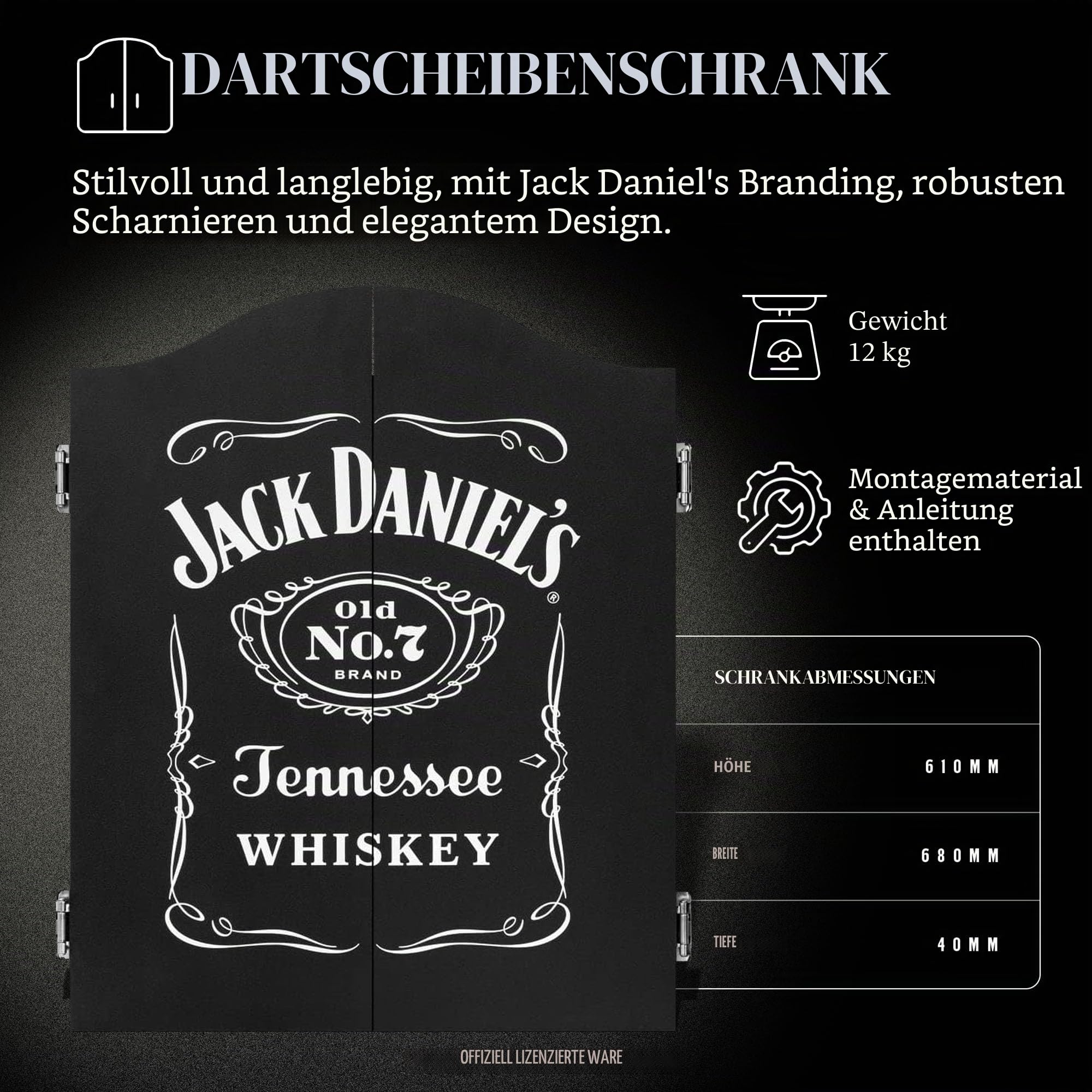 Offiziell lizenziertes Jack Daniel's bedruckte Dartpfeile in Schwarz inklusive Dartscheibe | JD Logo (CAB512), L