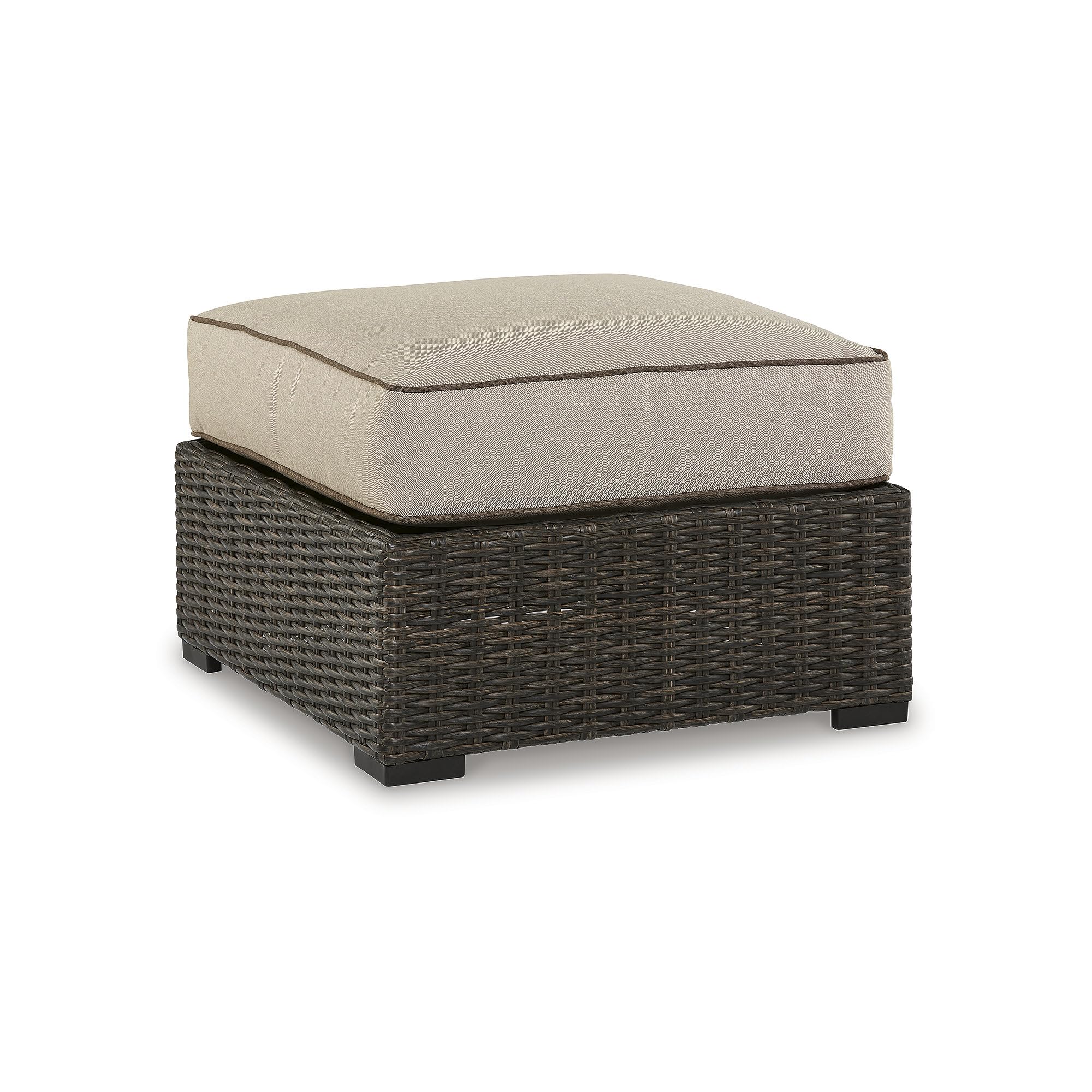 Signature Design by Ashley Coastline Bay Outdoor Patio All-Weather Resin Wicker Ottoman with Cushion, Beige & Dark Brown