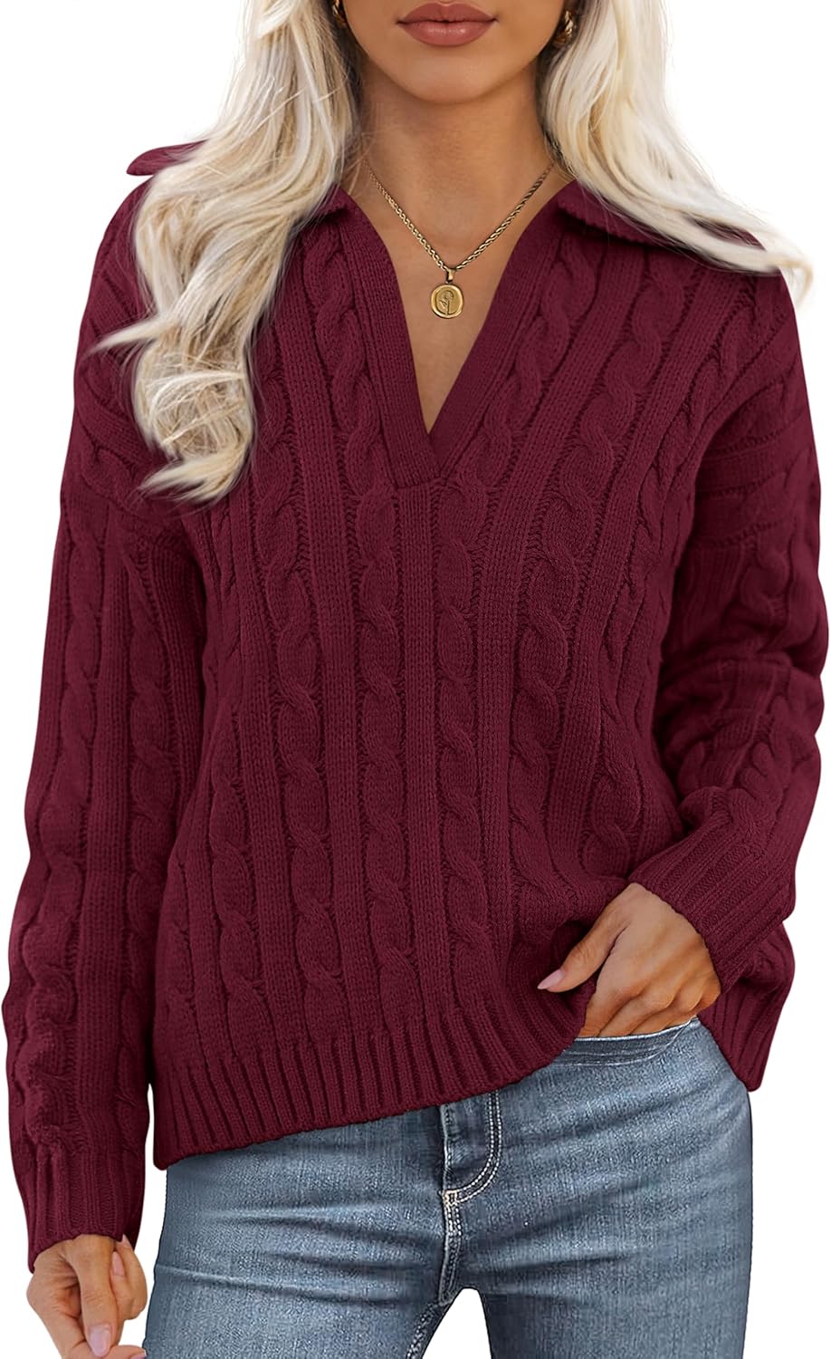 PRETTYGARDEN Fall Cable Knit Sweaters for Women 2025 Long Sleeve Loose Chunky Polo V Neck Sweater Casual Pullover Jumper Tops