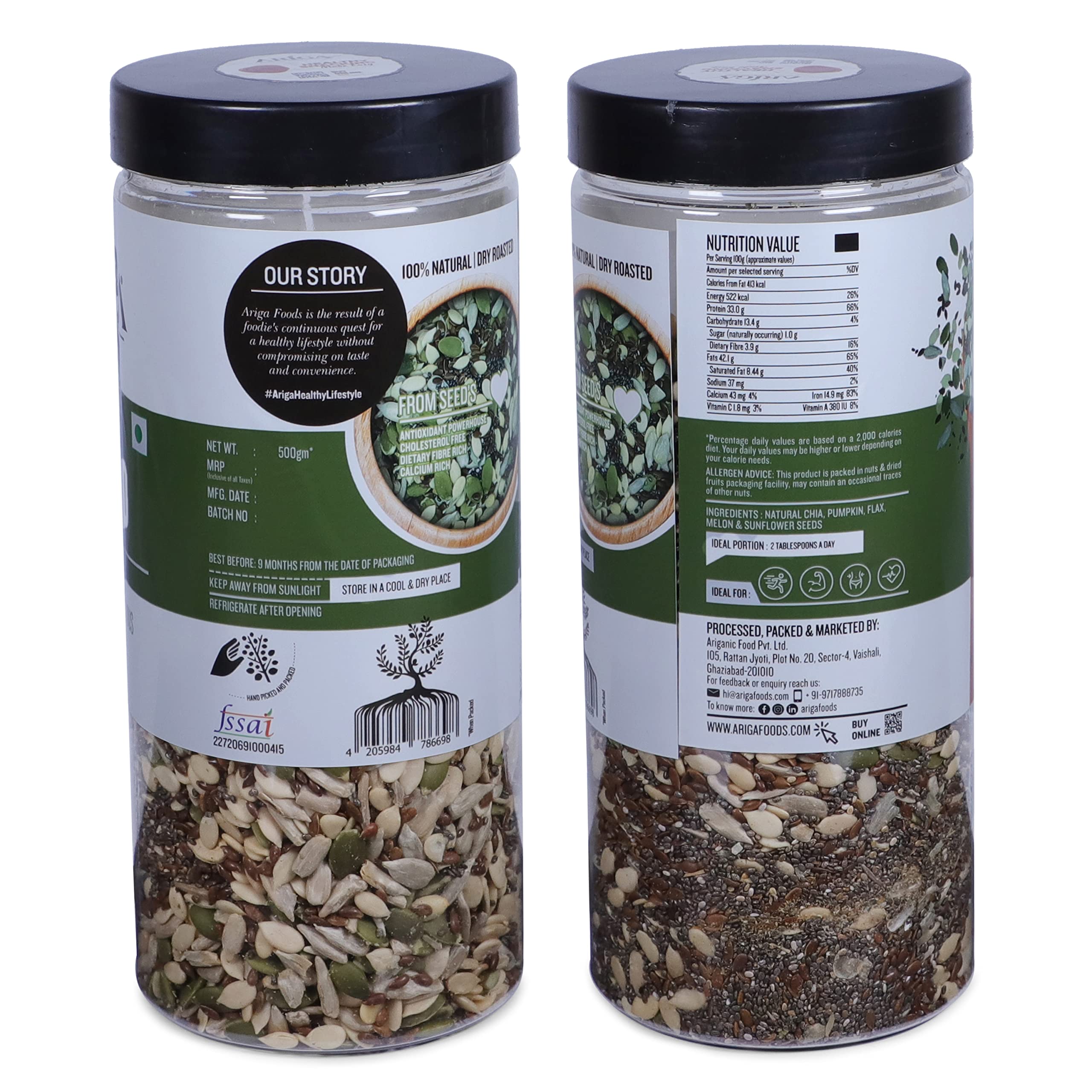 Ariga Foods 5 in 1 Super Seeds Mix- Pumpkin, Flax, Chia, Watermelon and Sunflower Mixed Seeds for Weight Loss in Pet Jar Value Pack (500g) | Vitamins & Minerals Rich | Healthy Diet Food 1
