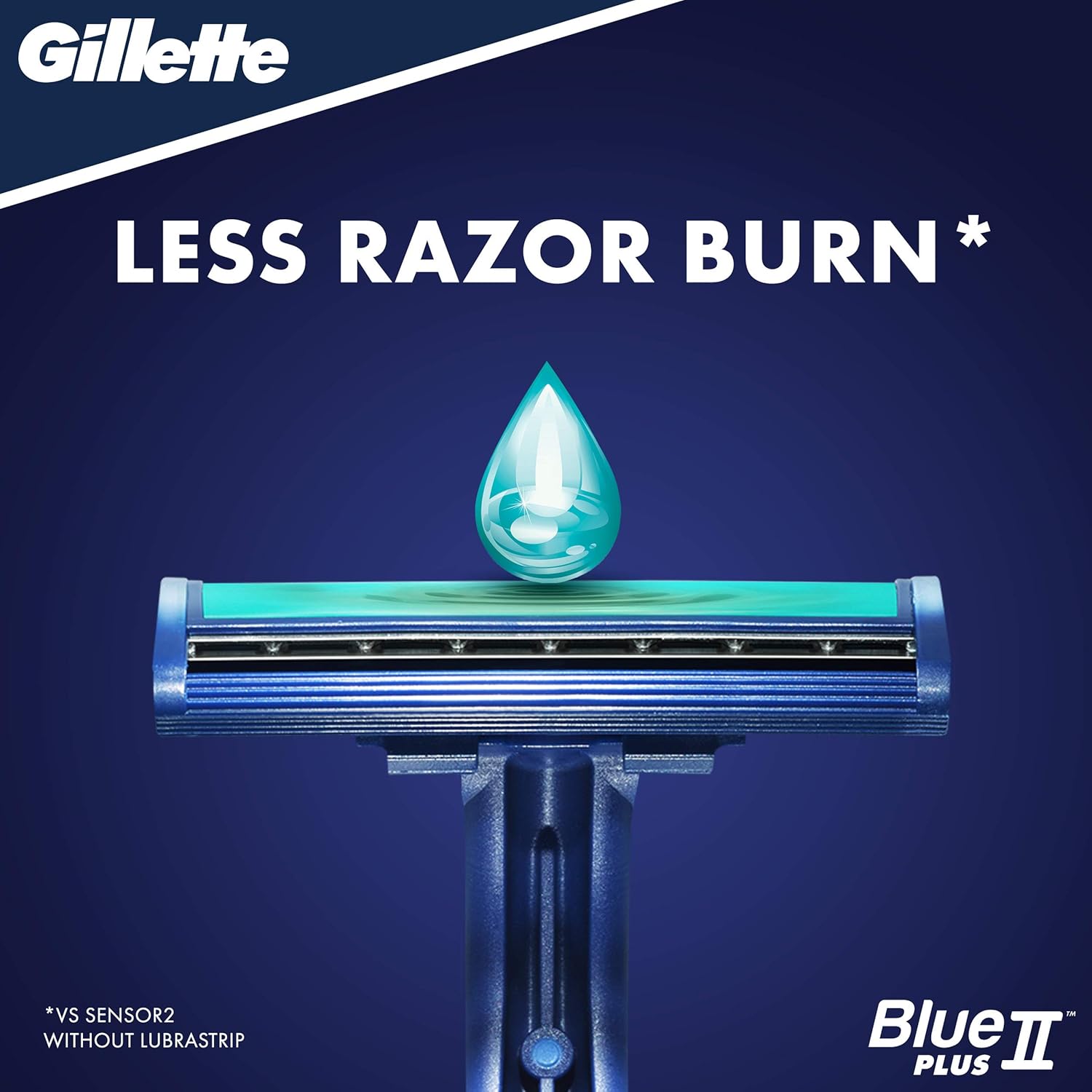 Gillette Blue II razor head with a water droplet, indicating reduced razor burn