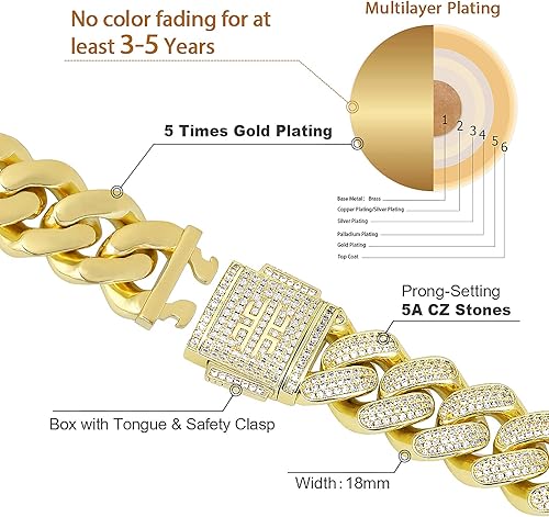 Miniatura 2 de KRKC&CO Collar de Oro, Regalo de Cumpleaños de Lujo para Él, Cadena de Eslabones Cubanos Helados para Hombre 1218mm con Piedras de Circonita Cúbica