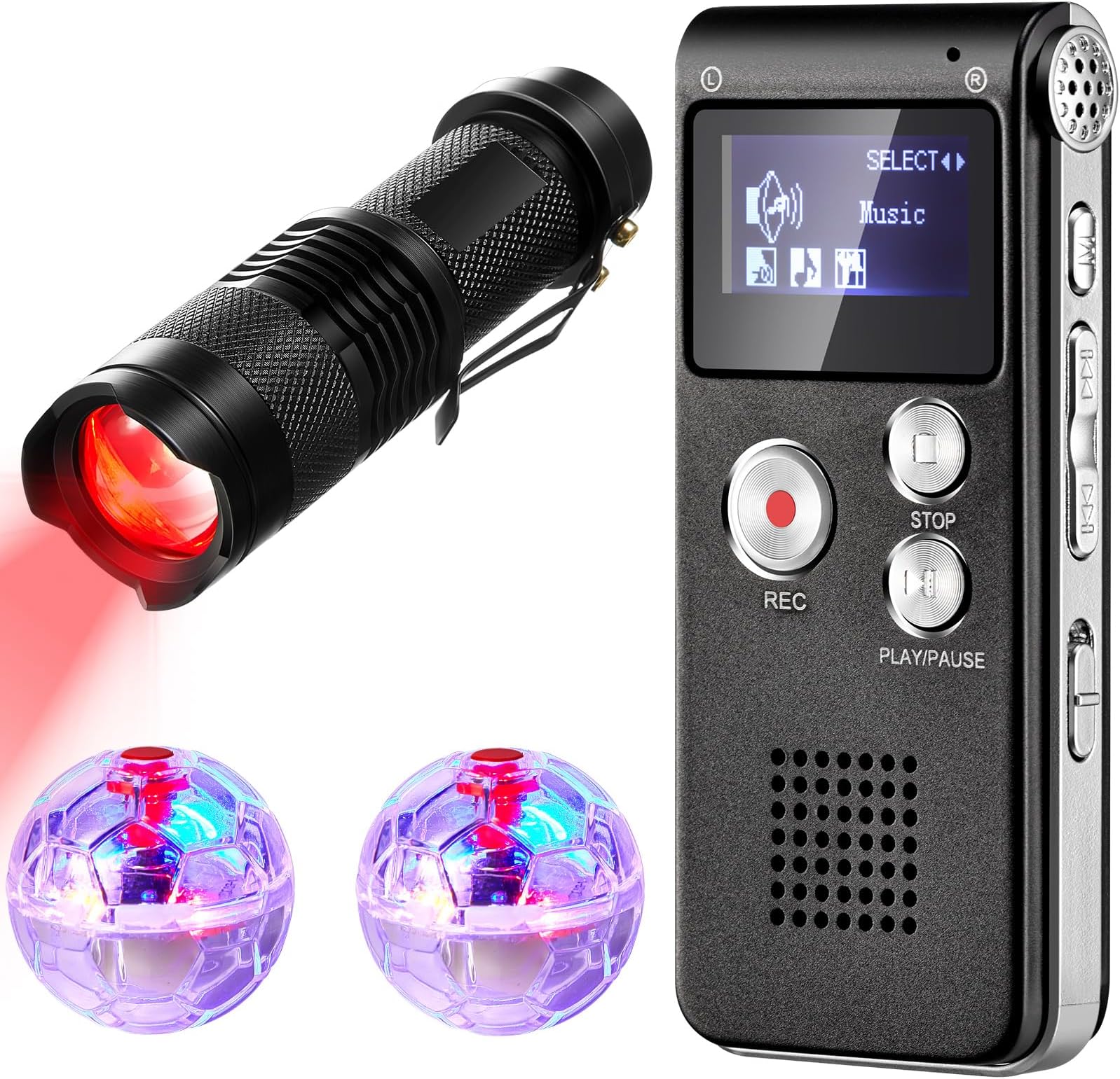 Relaxweex 4 Pcs Ghost Hunting Equipment Kit Include 1 Red Light Night Vision Flashlight for Ghost Hunting Camera Camcorder 1 Digital Voice Recorder 2 LED Light up Pet Cat Balls Paranormal Equipment