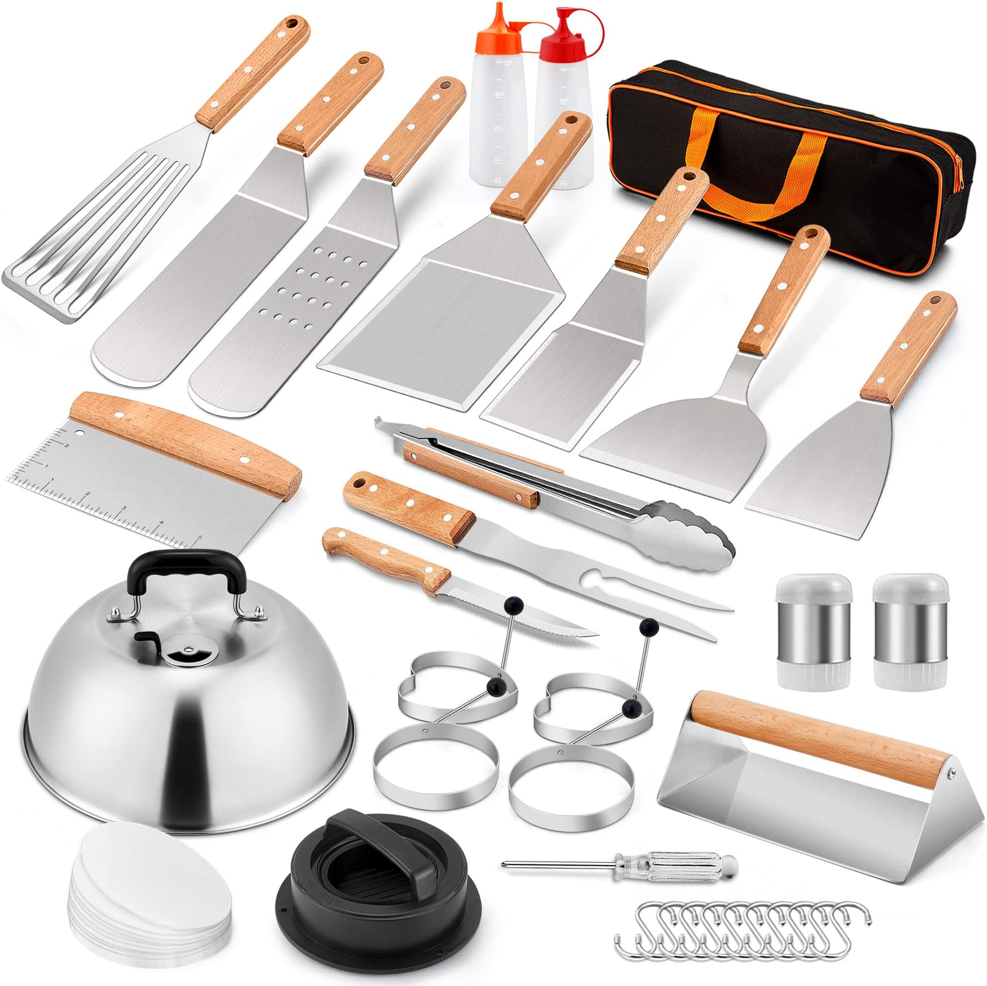 26 Pack Grill Accessories, Leonyo Griddle Accessories Kit BBQ Tools with Stainless Steel Griddle Spatula Grill Scraper Burger Press Basting Cover for Grilling Cast Iron Griddle Flat Top Teppanyaki
