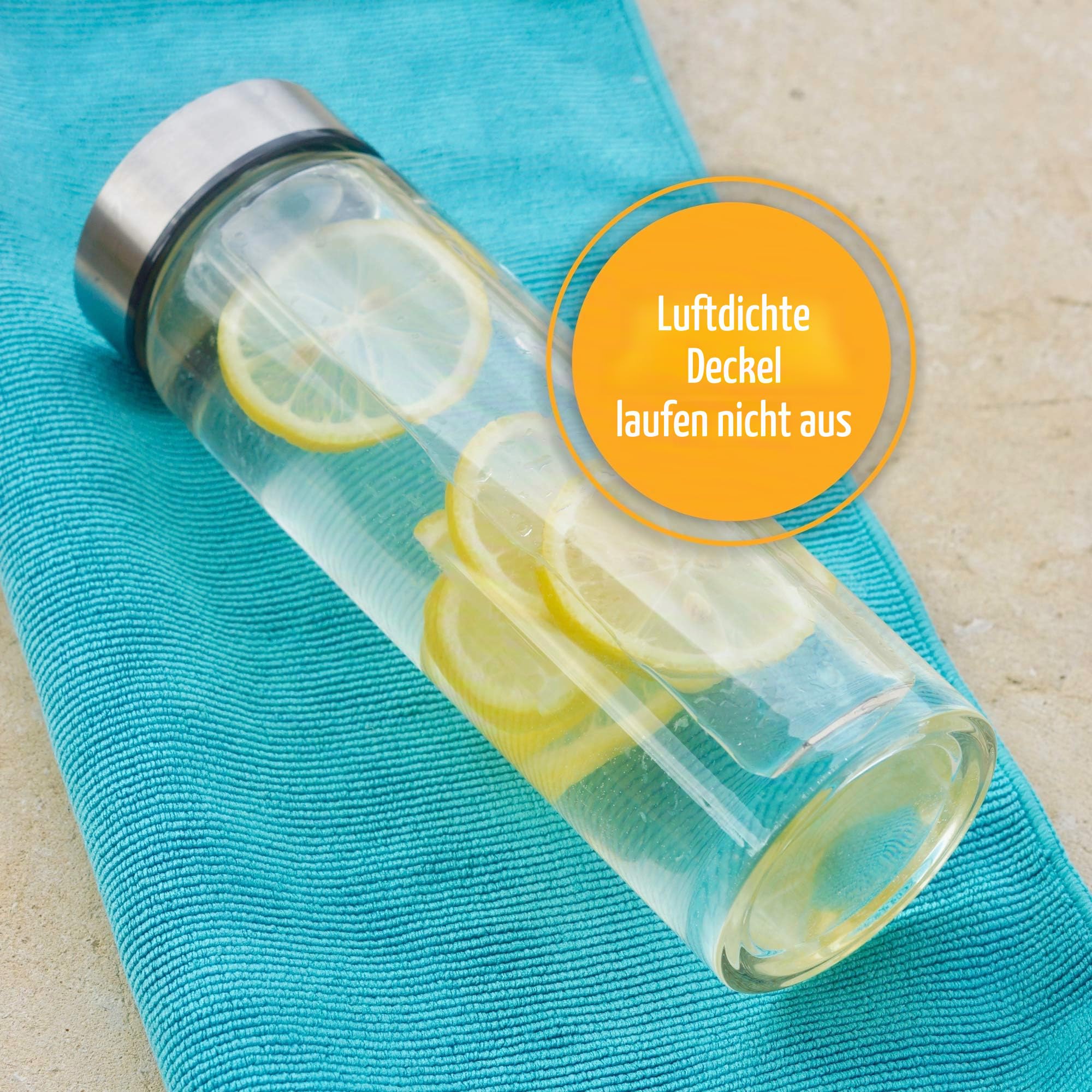Saftflaschen – 4 Stück breite Öffnung Glasflaschen mit Deckel – zum Entsaften, Smoothies, infundiertes Wasser, Getränkeaufbewahrung – 473 ml, BPA-frei, Edelstahldeckel, wiederverwendbar, Borosilikat