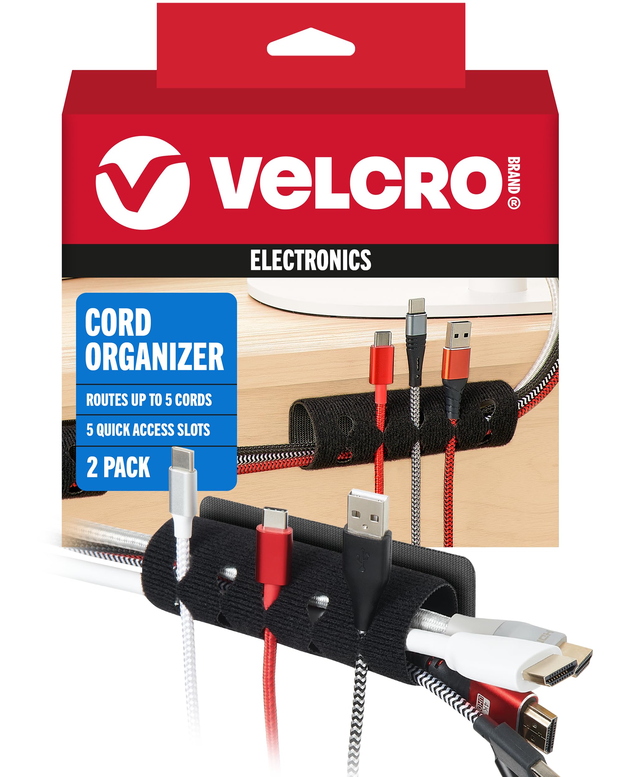 Velcro Brand Cord Organizer for Desk Nightstand 5 Cable Slots with Sleeve Routing Adhesive Wire Holder for Cord