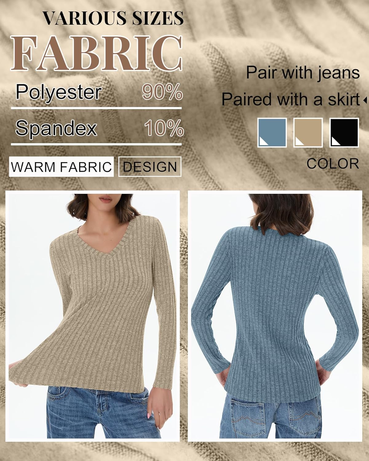 3 Pack Womens V Neck Sweaters Long Sleeve Ribbed Fitted Shirts Pullover Lightweight Sweater Thermal Fall Layer Top - Image 4