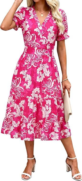 Summer Dresses Midi Dress V Neck Puffy Short Sleeve Flowy Casual Vacation Beach Sundresses 2026 with Pockets