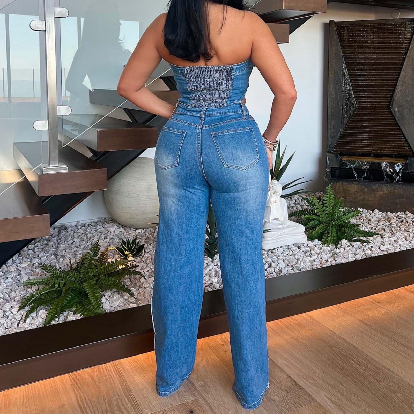 Damskie dżinsowe kombinezony zapinane na guziki Hollow Tube Top W paski Pełnej długości Jeans Pajacyki