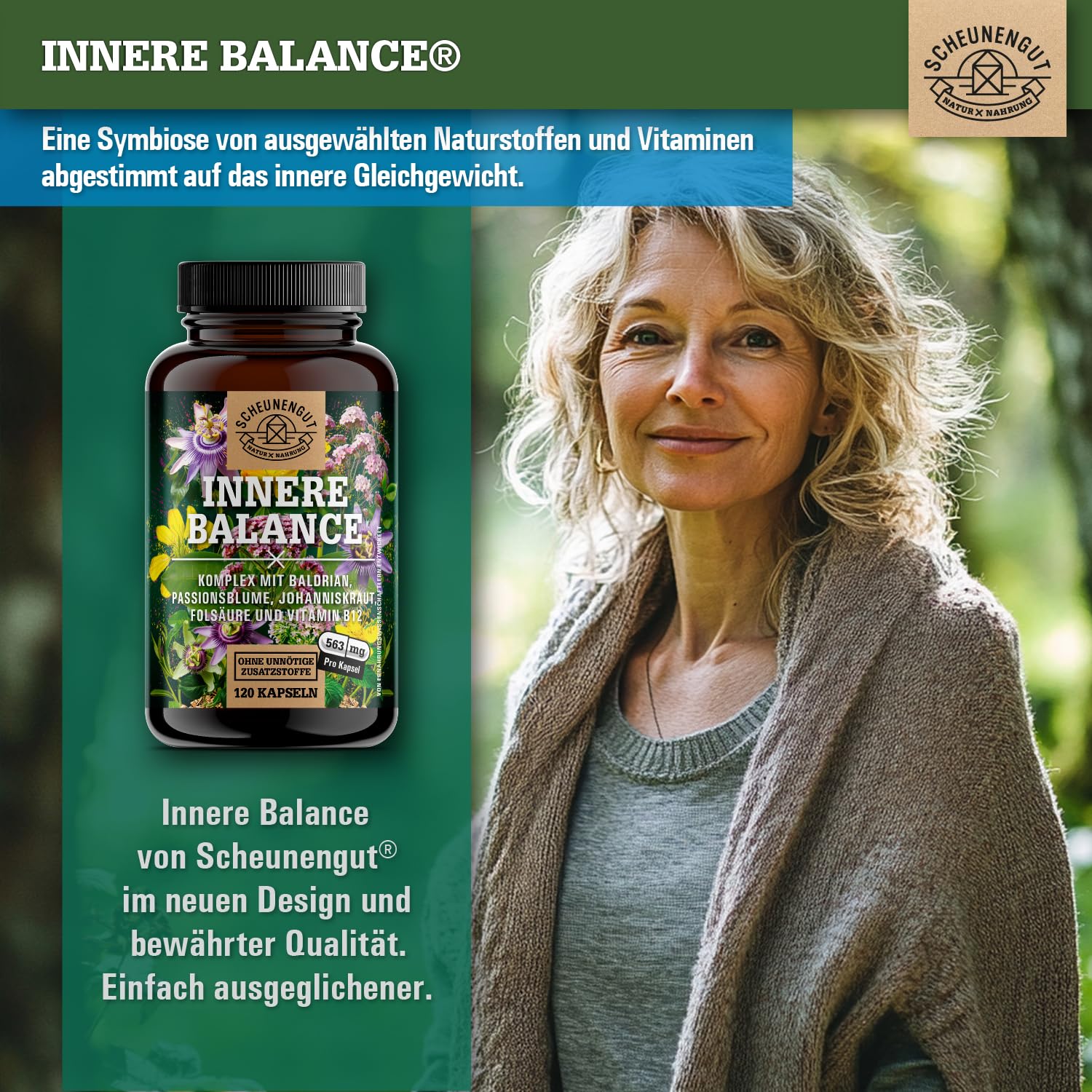 INNERE BALANCE® Passionsblume Johanniskraut Baldrian Hochdosiert -WICHTIG: Laborgeprüfter Markenkomplex mit Hypericin, Hyperforin, Folsäure +Vitamin B12 120 Kapseln DE SCHEUNENGUT®