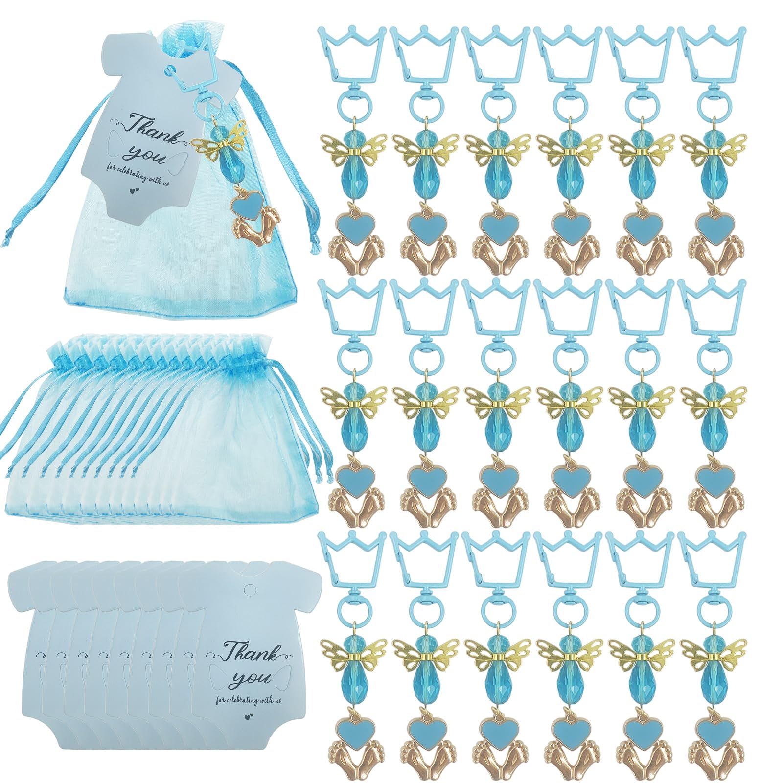 DUGYIRS 20 Sets Gift Christening,Including Keychain,Organza Bags and Thank You Cards for Boys Girls Birthday Party Accessories Baby Shower Decoration(Blue)
