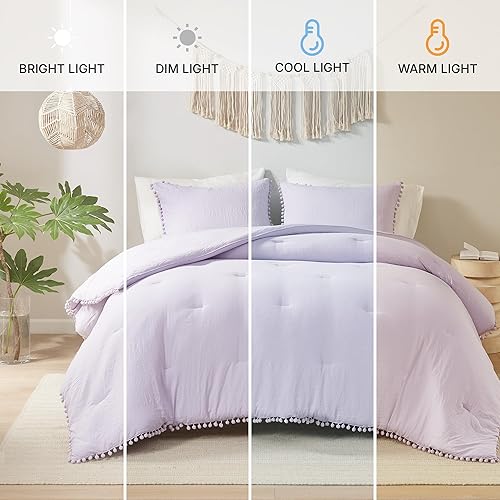 Miniatura 2 de Codi Juego de edredón bohemio de color morado lavanda para niñas, diseño estético de flecos con pompones, juego de ropa de cama de microfibra lavada
