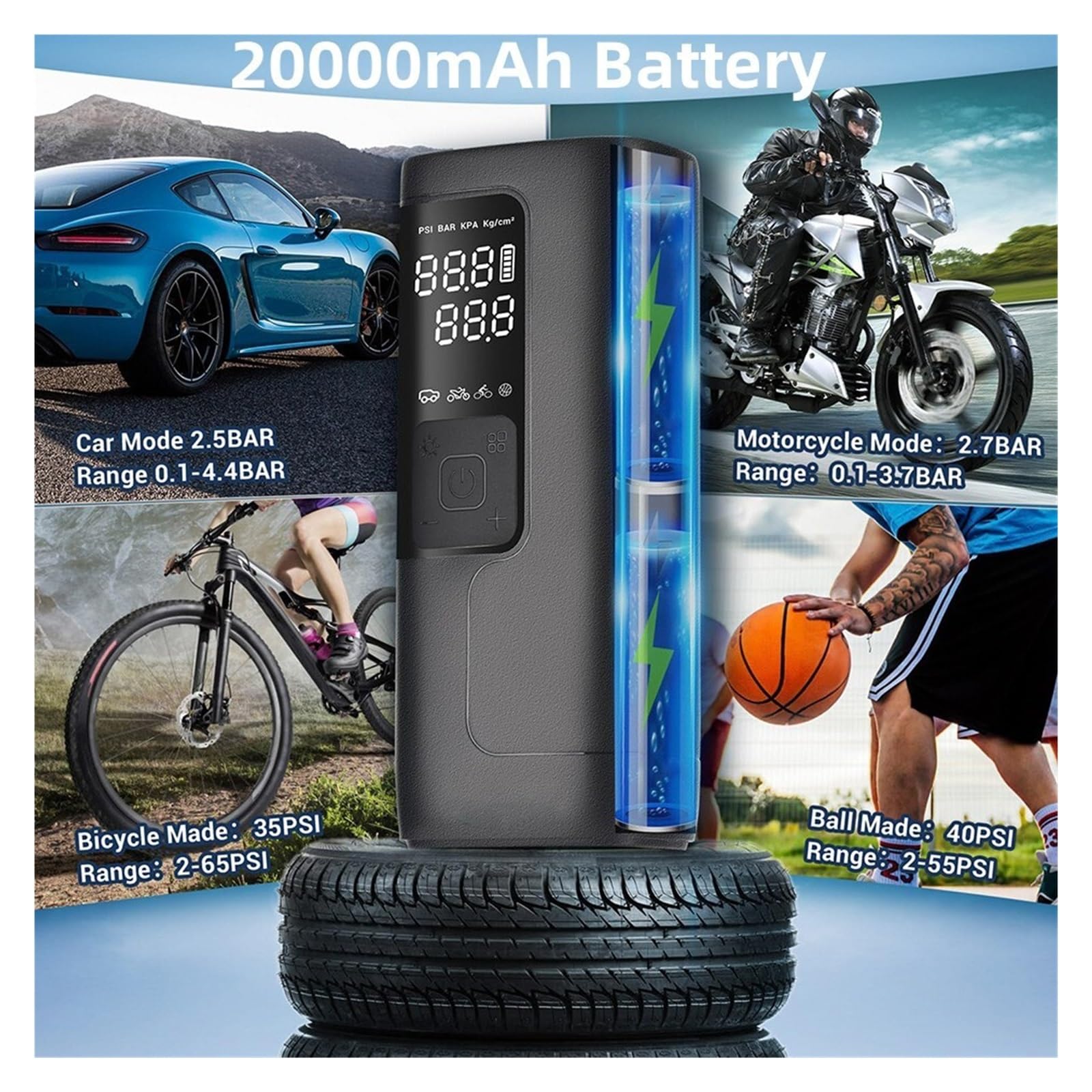 Pompka Do Opon 60L/min Przenośna Pompa Powietrza 20000mAh Kompresor Do Opon Samochodowych 12V Przenośna Sprężarka Powietrza Sprężarka Powietrza Wtryskiwacz Powietrza Inflator Opon