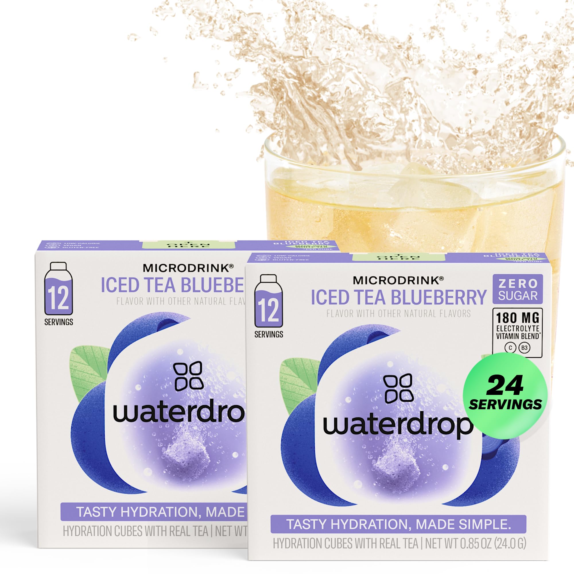 Waterdrop Hydration Cubes with Electrolytes, Vitamins C and Vitamin B3, Blueberry Iced Tea Flavor Water Enhancer Cubes for Still & Sparkling Water, Gluten Free, Low Calorie, Sugar Free, 24 Count