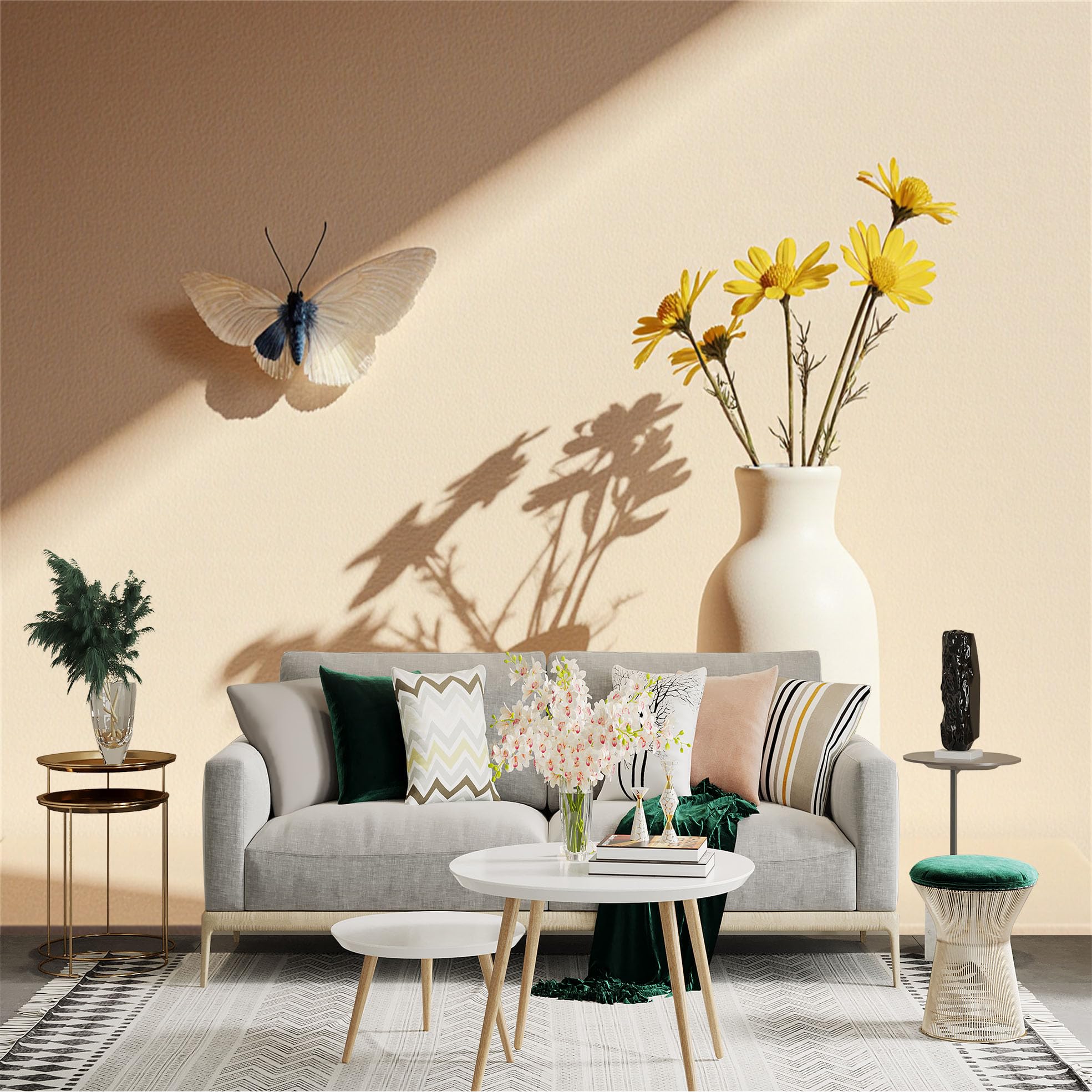 Custom Size Wall Sticker Mural， White Butterfly and Yellow Flowers in Vase， Minimalist Aesthetic Art， for wall Decoration， peelandstick wall Decals.