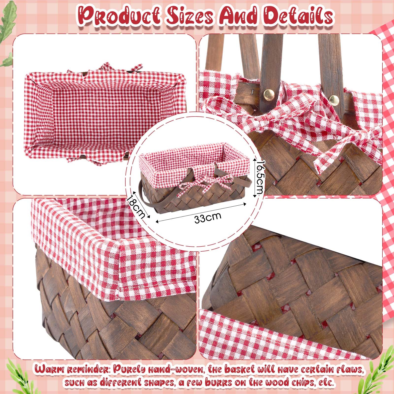 Sintuff Picknickkörbe mit Griff, handgewebter Erntekorb mit Gingham-Decke, Futter, Ostereier und Süßigkeitenkorb für Geschenke, Blumen, Eier, Süßigkeiten, Aufbewahrung, Organisation (Kaffeefarbe), 3