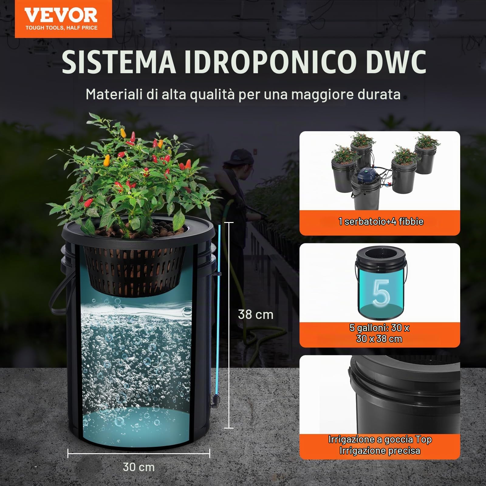 VEVOR RDWC Sistema di Coltivazione Idroponica, Kit Top Drip, Coltura a Ricircolo in Acque Profonde da 20 Litri, 4 Secchi, con Pompa ad Aria, Dispositivo di Livello dell'Acqua, per Verdure a Foglia