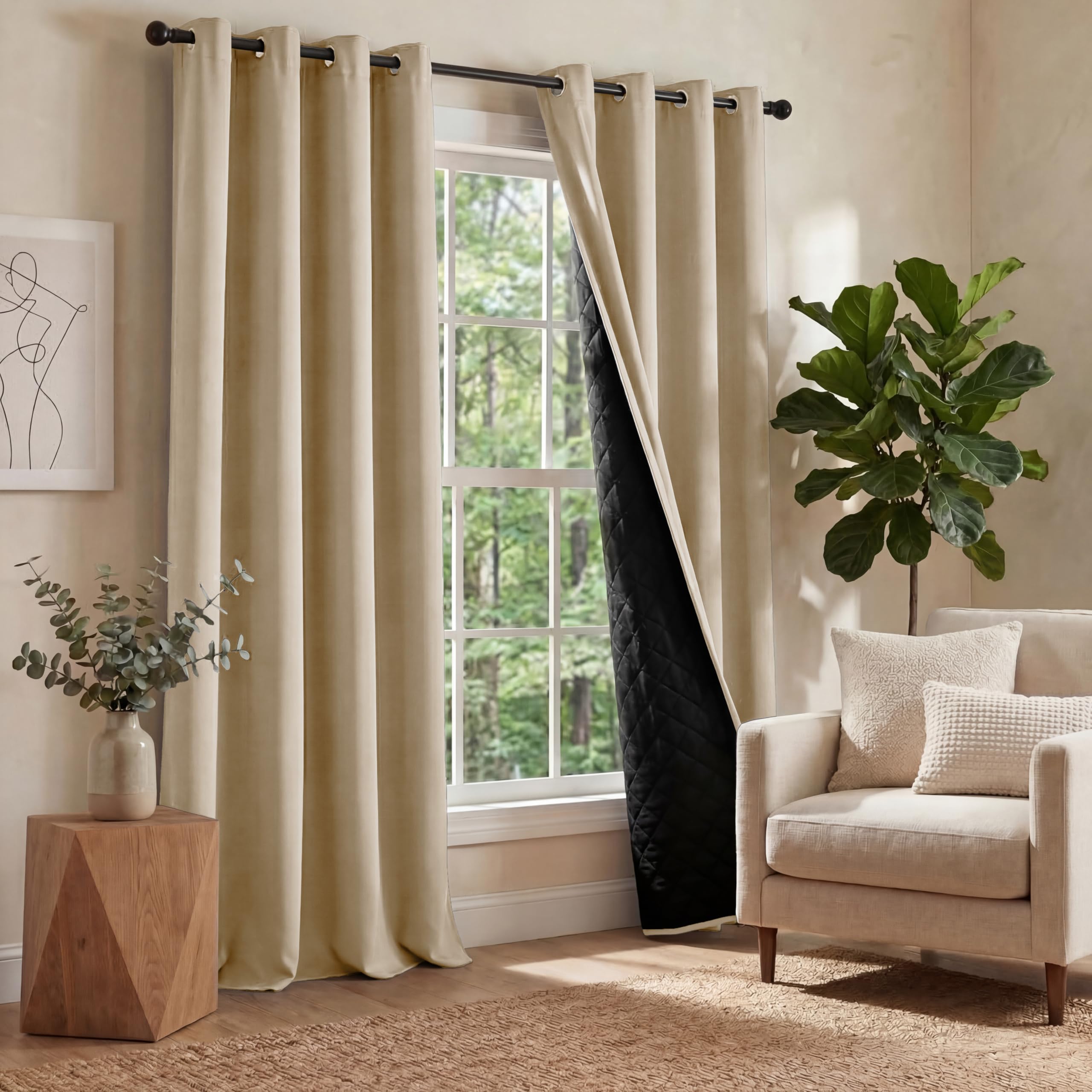 PONY DANCE Zasłony termoizolacyjne do wnętrz 2 sztuki szer. 140 x wys. 220 cm podwójna warstwa zasłony zaciemniające do sypialni z pierścieniami Blackout Curtains do salonu, beżowy