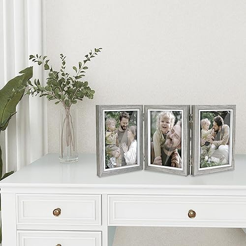 Miniatura 10 de Marco de fotos triple de 5 x 7 pulgadas, marco de collage de tres fotos, marco plegable triple con bisagras para escritorio de mesa, regalo para