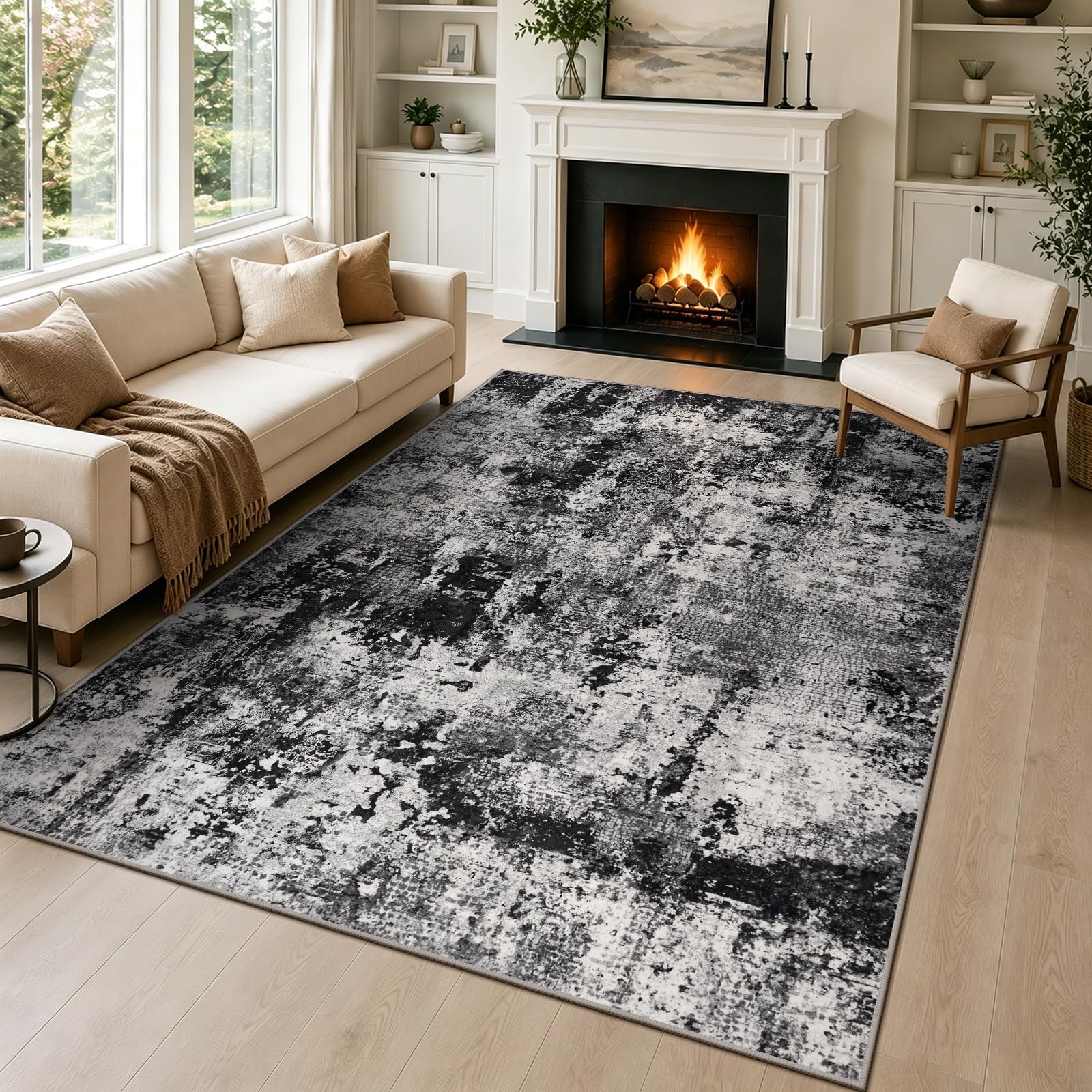 Capslpad Noir Tapis Abstrait Salon 120x180cm antidérapant Poils Courts Laine synthétique Chambre à Coucher Tapis Lavable Minimaliste de lit Tapis pour Salon Chambre à Coucher Bureau