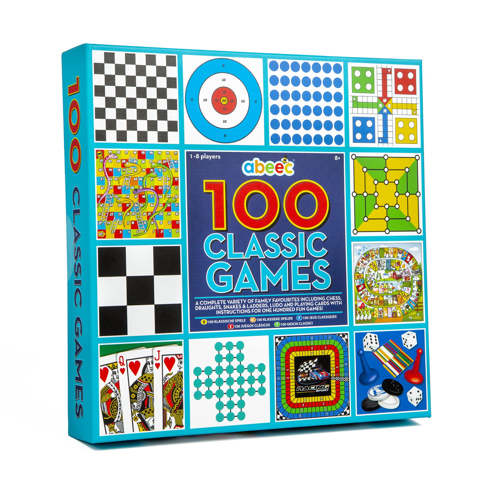 abeec 100 Classic Games Compendium | Board Games, Card Games, Dice Games & Puzzles in One Box | Ludo, Chess, Snakes & Ladders, Draughts & Playing Cards | Family Game Night | Ages 6+