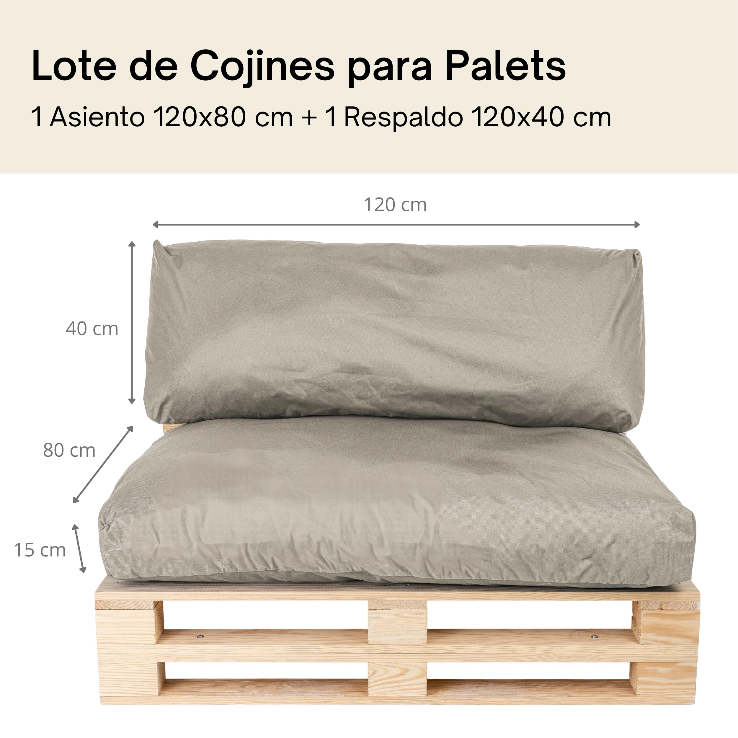 bananair - Cojines para Palets Impermeables y Desenfundables - Muy Cómodos, Relleno de Espuma - Cojines Exterior para Jardín y Terraza (1 Asiento 120x80 + 1 Respaldo 120x40, Gris Claro)