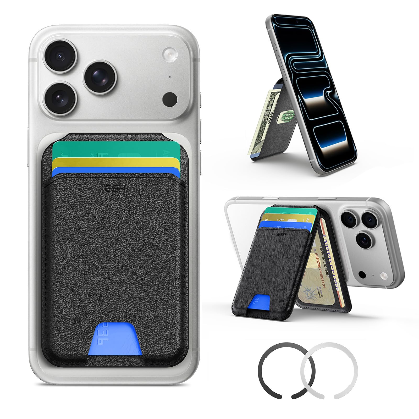 ESR for MagSafe Wallet with Stand, RFID Blocking with MagSafe Ring, 5 Card Holder for Phone Case, Slim Leather Magnetic Wallet for iPhone 17/16/15/14/13/12 Series(Not for Mini), Selected Samsung,Black