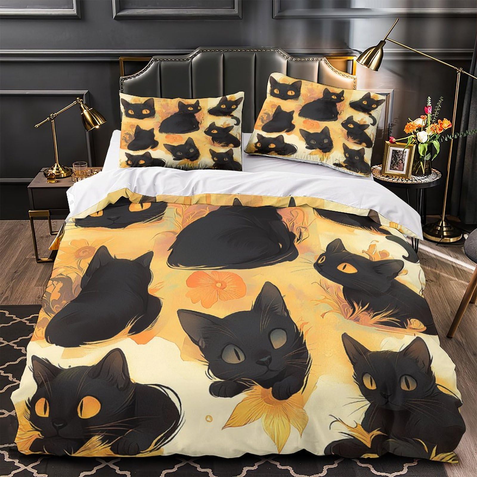 Housse de couette chat noir 3D en microfibre 200x200 pour un lit double tendance