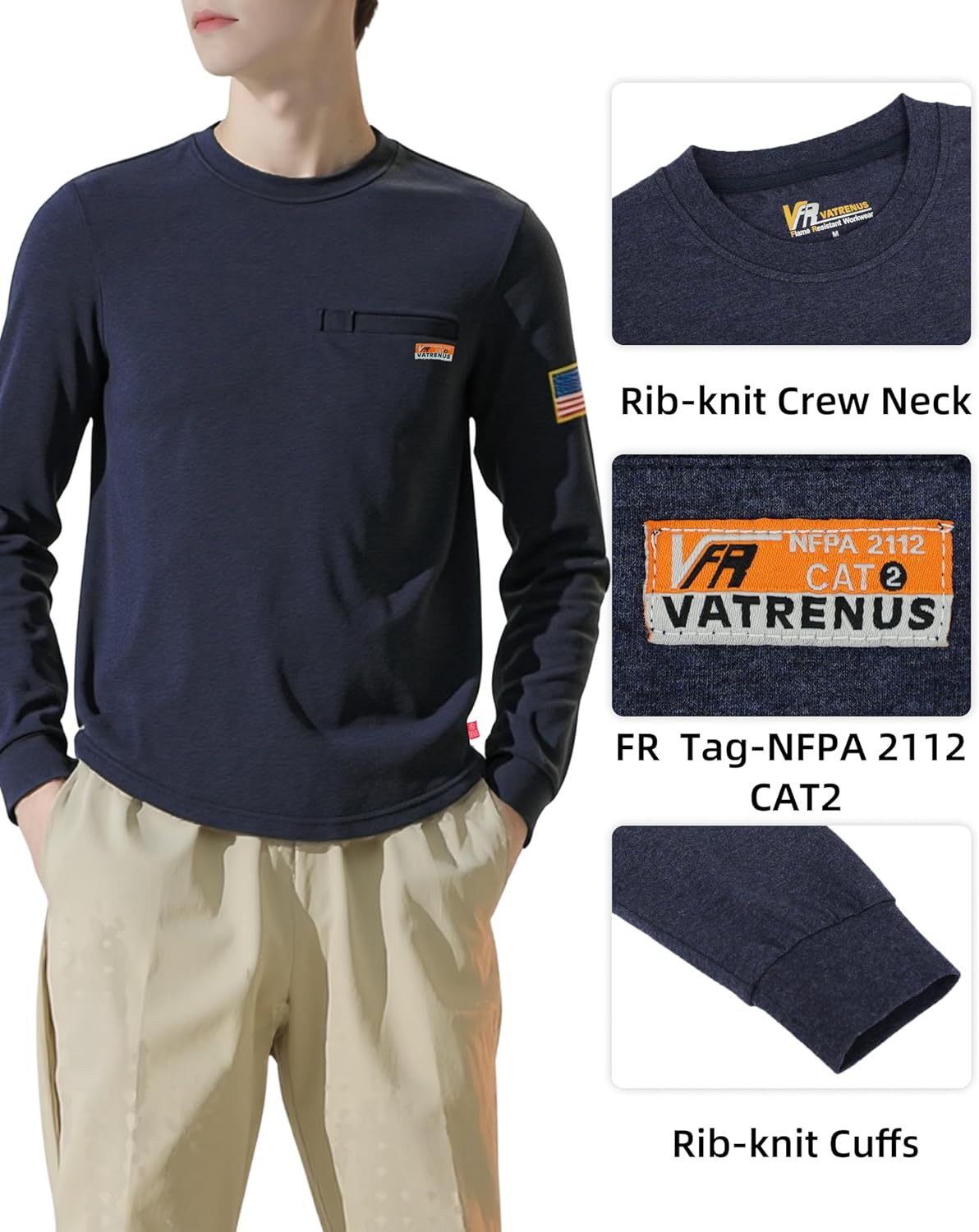 VATRENUS FR Shirt for Men Crewneck Midweight Utility Pocket Fire Resistant Long Sleeve Work Shirts NFPA2112 CAT2 - Image 3