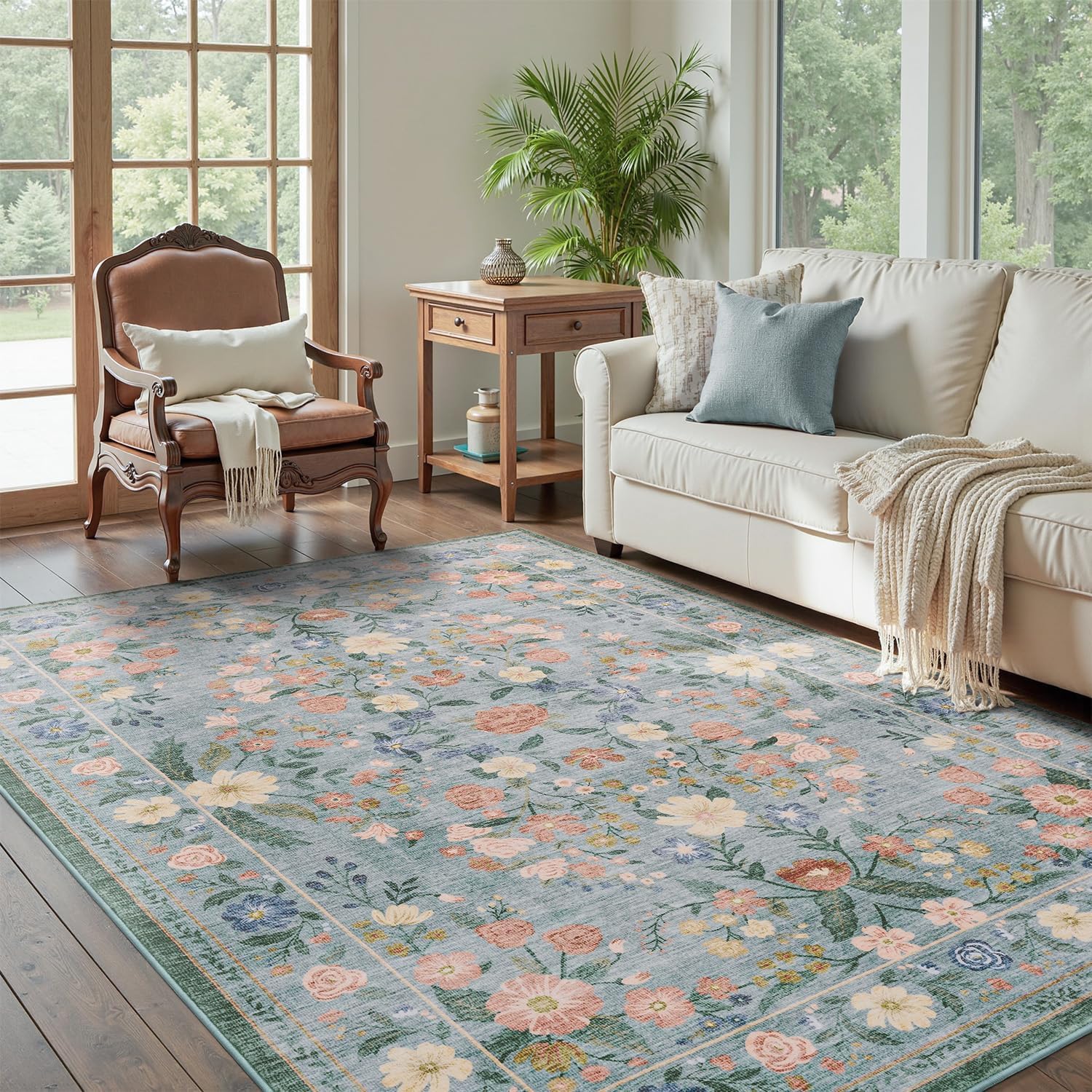 Tapis de salon bleu et beige rectangulaire anti-poussière à poils ras vintage 140 x 160 cm