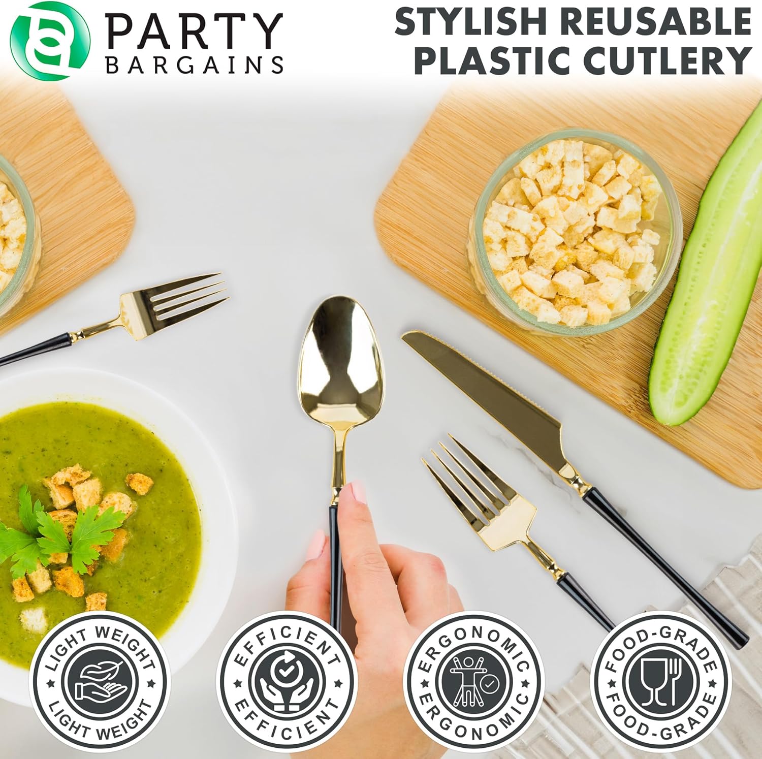 PARTY BARGAINS Disposable Plastic Cutlery Set, 80 Piece Infinity Design Flatware, Heavy Duty 32 Forks, 16 Knives, 32 Spoons for Weddings, Events, Catering, Black Gold
