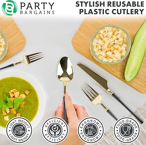 Miniatura 7 de Party Bargains Cucharillas desechables de plástico para cena, paquete de 40, color negro y dorado, cubiertos de cocina de diseño moderno infinito,