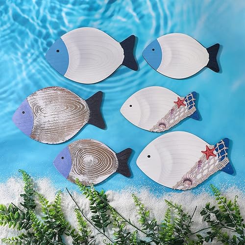 Sintuff 6 Pcs Fish Beach Bathroom Decor Wooden Nautical Beach Wall Decor Wood Hanging Coastal Decor for Home Fish Wall Art Fish Decor for Bathroom Home Lake House Patio Pool Ocean Theme Decorations
