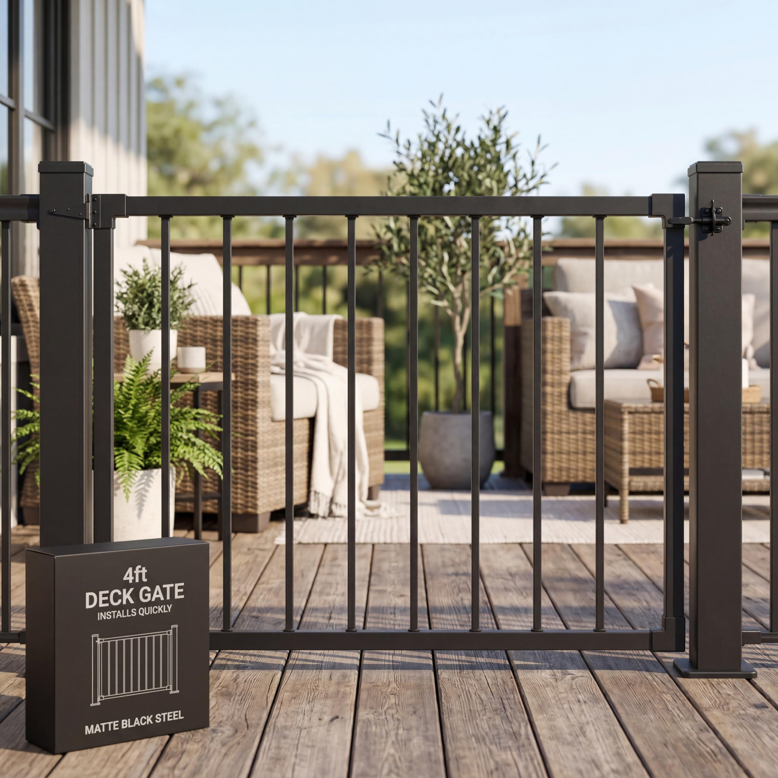 4Ft W Steel Deck Gate Kit for 36" H Railing, Cuttable Black Textured Powder - Coated Outdoor Gate with Latch & Auto-Closing Hinges for Deck, Patio, Garden, Yard, Porch
