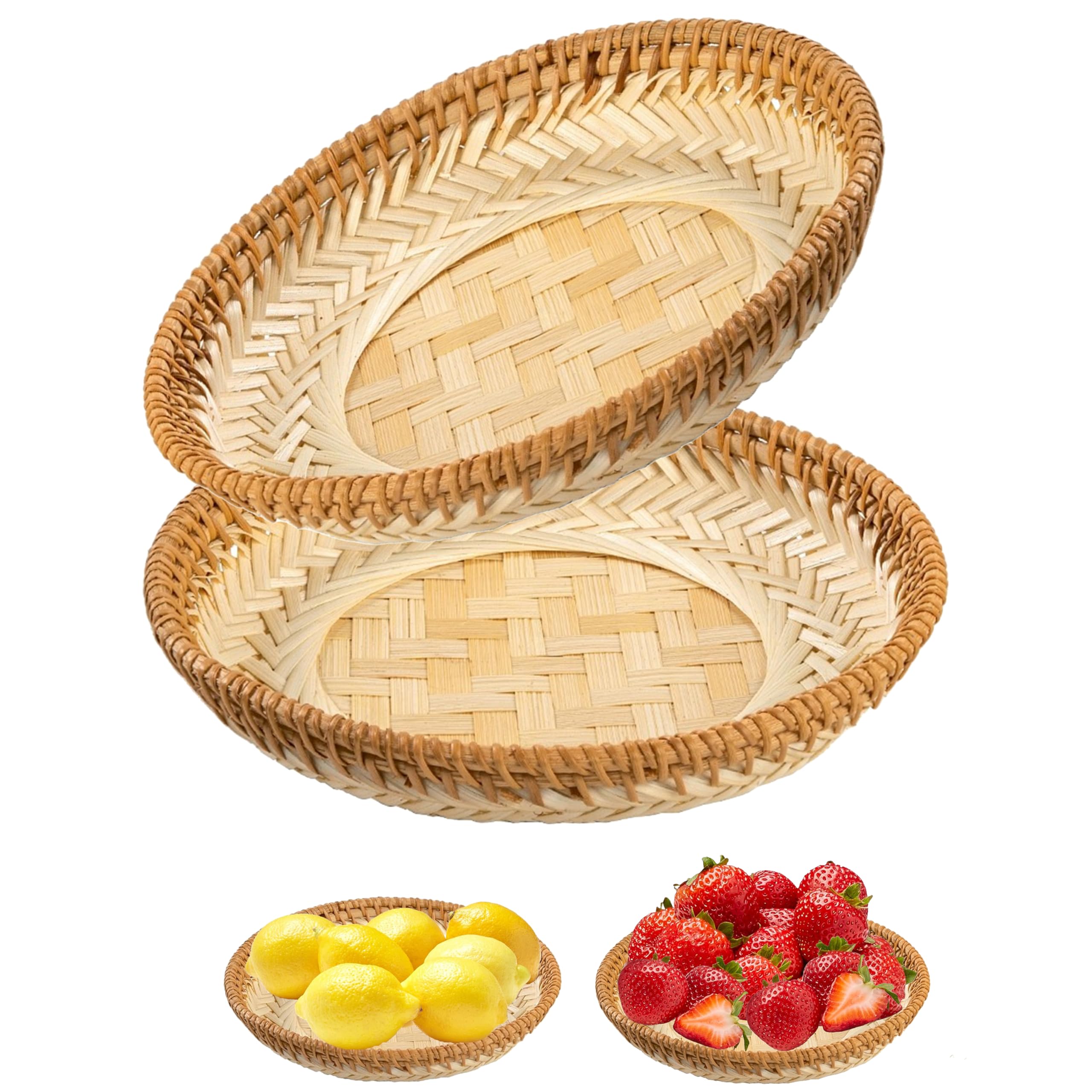 Rattan Serving Tray Fruit Round Bamboo Trays - Lightweight Wicker Bread Basket for Home Decor - Small Platters for Rustic & Modern Homes - 2-Piece Set