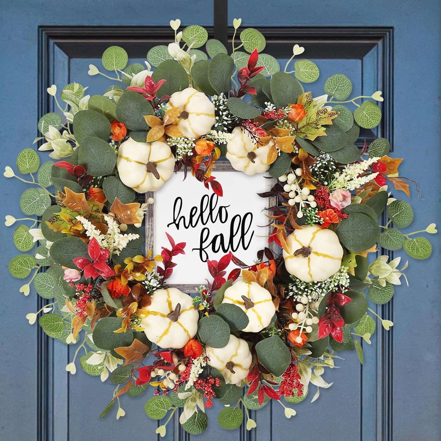 DAZONGE Fall Decor - 18 Inch Fall Wreaths for Front Door - Autumn Artificial Pumpkin Eucalyptus Maples Leaf Wreath - Rustic Fall Thanksgiving Decorations for Home Outdoor Mantel Window Wall