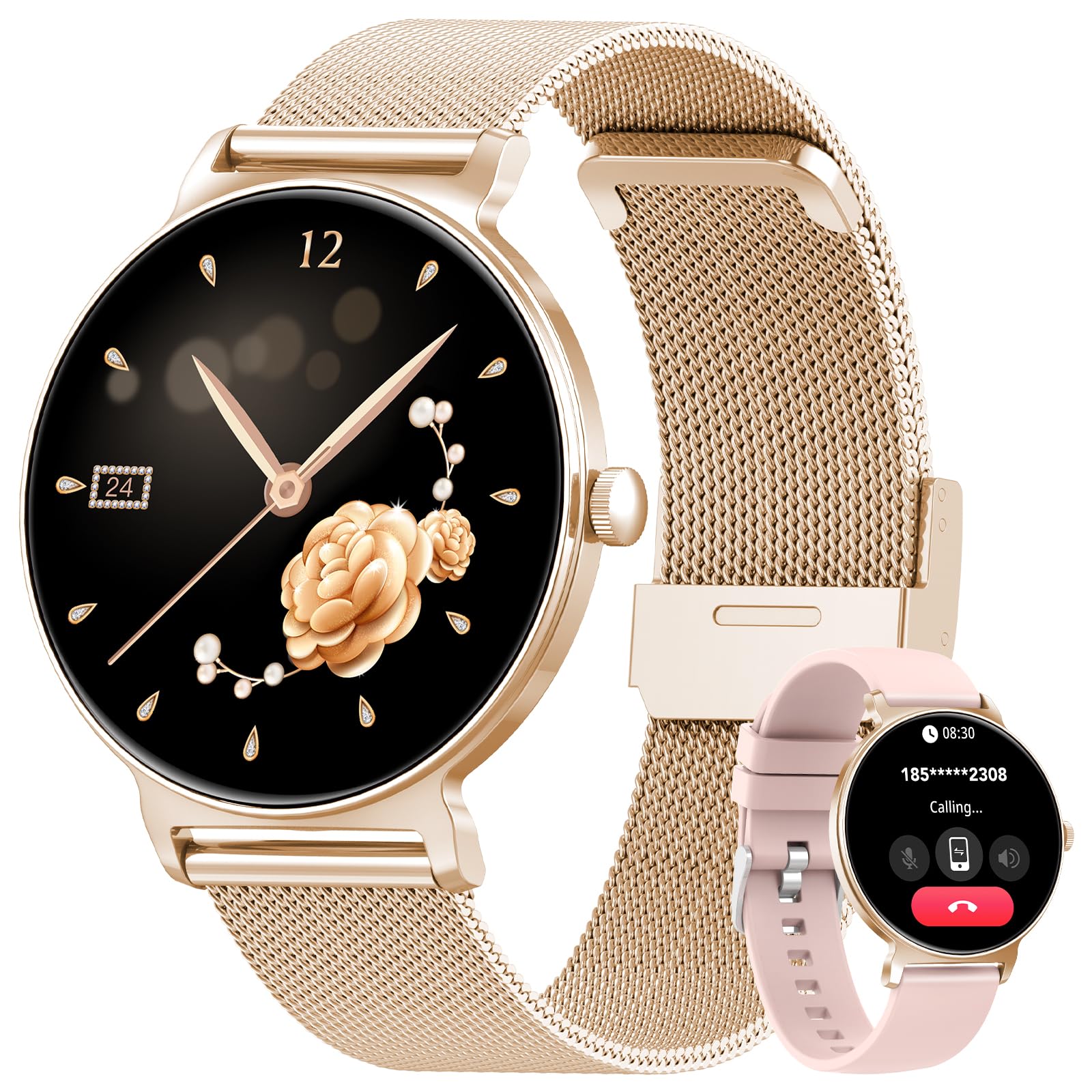 Smartwatch Damen mit Telefonfunktion, 1,27-Zoll AMOLED-HD Voll-Touchscreen Smartwatch, 120+ Sportmodi, IP68 Wasserdicht Fitness Tracker mit Herzfrequenz, Schlafmonitor für iOS Android, Roségold
